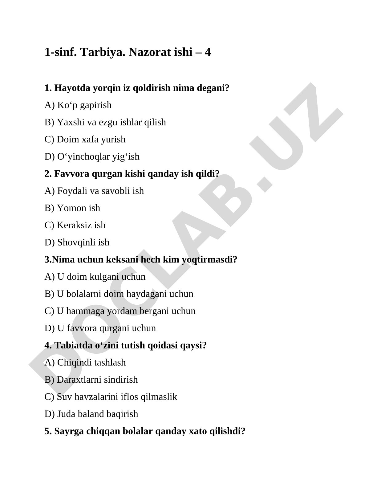 1-sinf Tarbiya nazorat ishi – 4