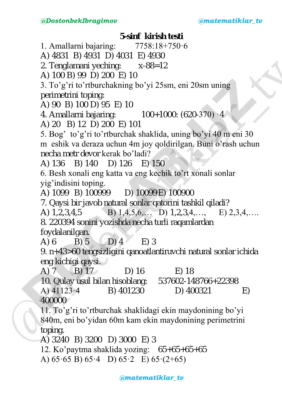 5-sinf matematika kirish testi