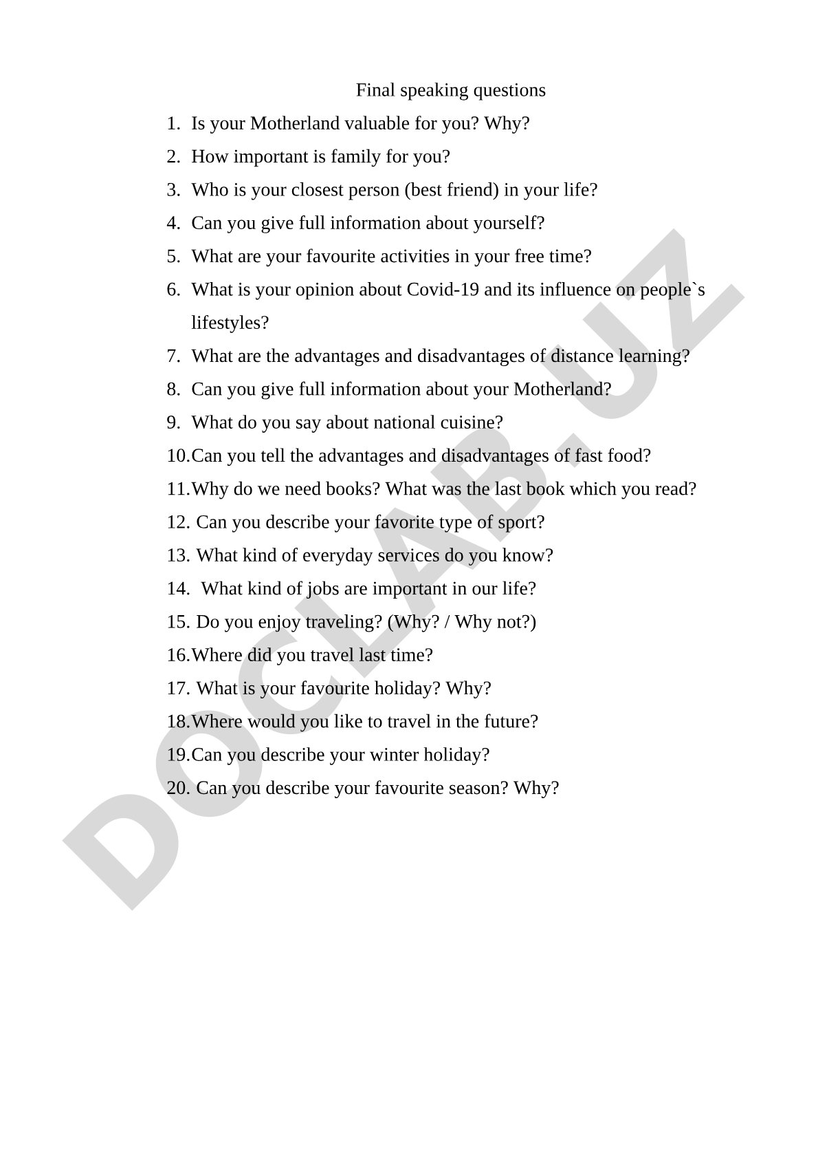 List of Final Speaking Questions for English Practice