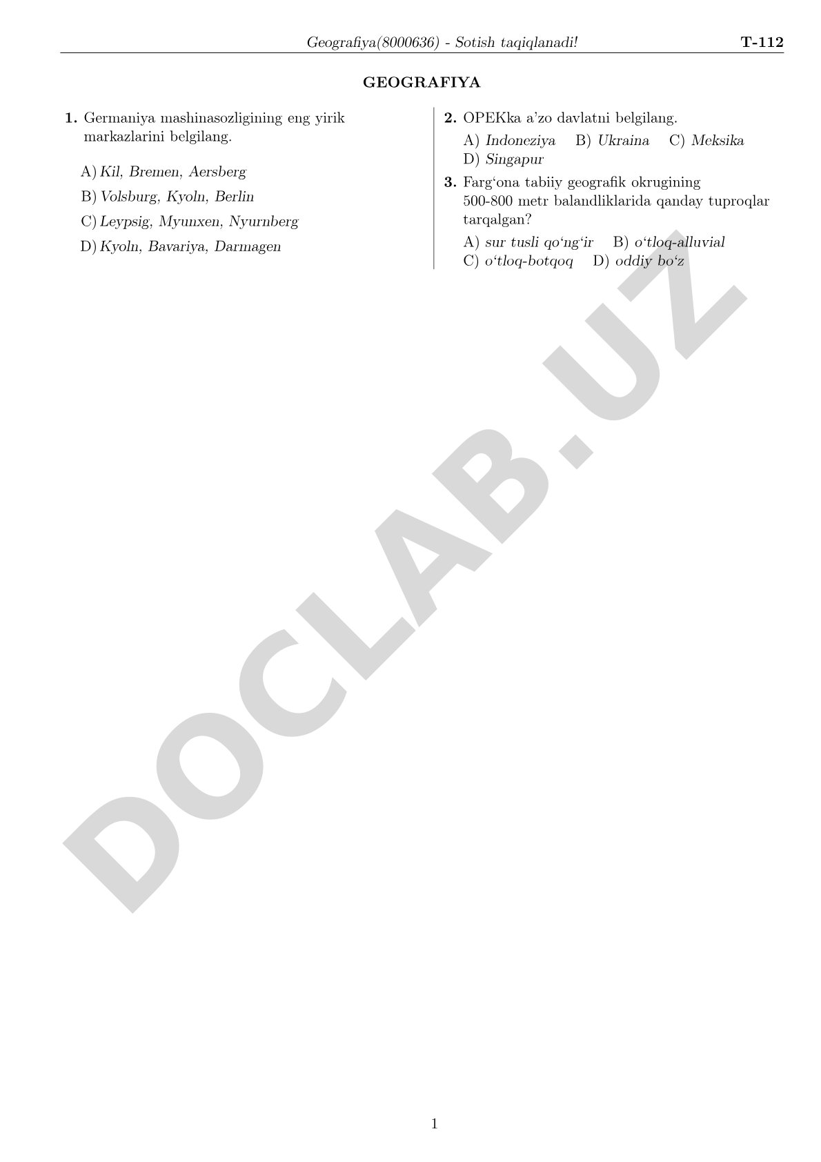 Geografiya test savollari