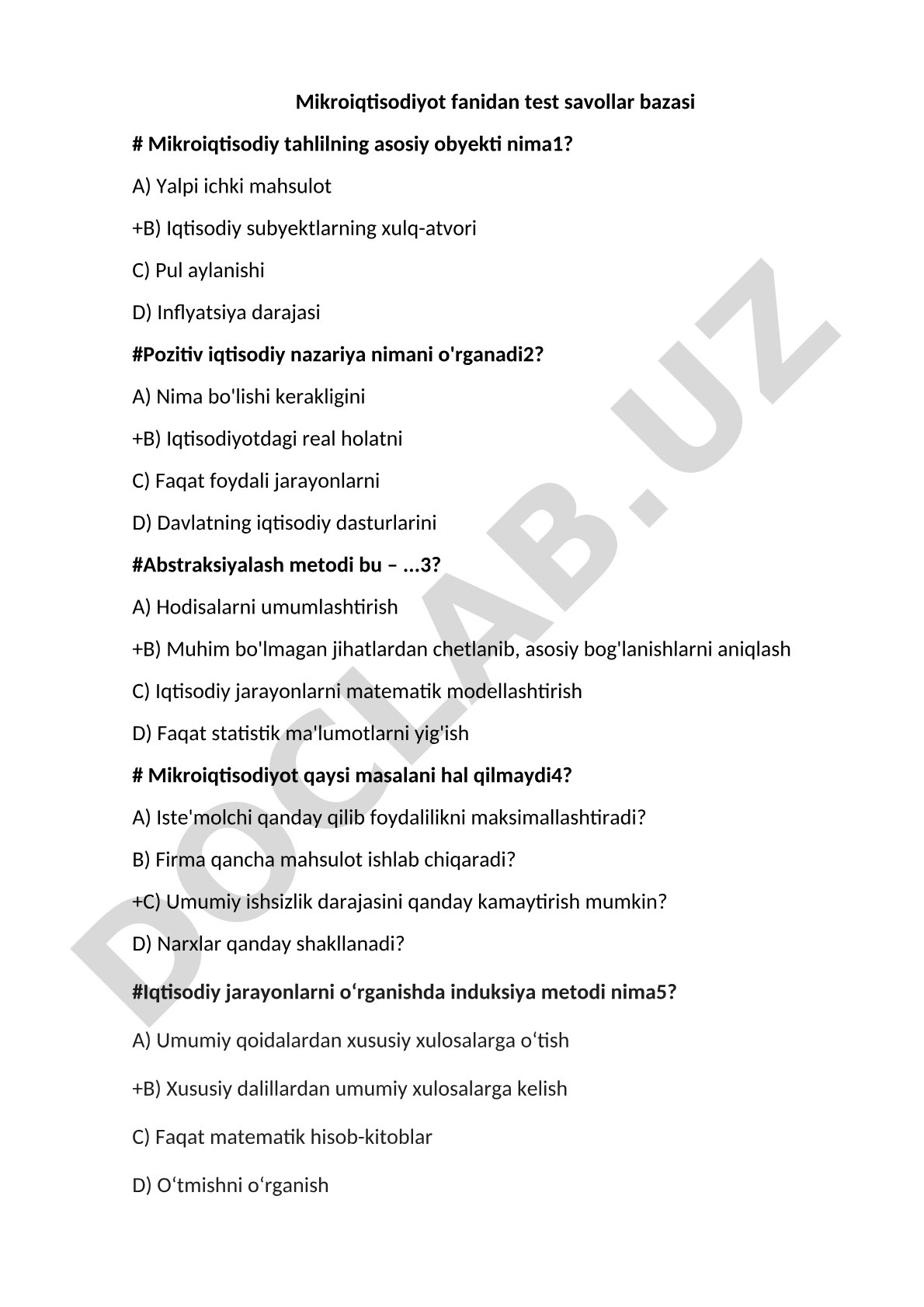 Mikroiqtisodiyot fanidan test savollar bazasi