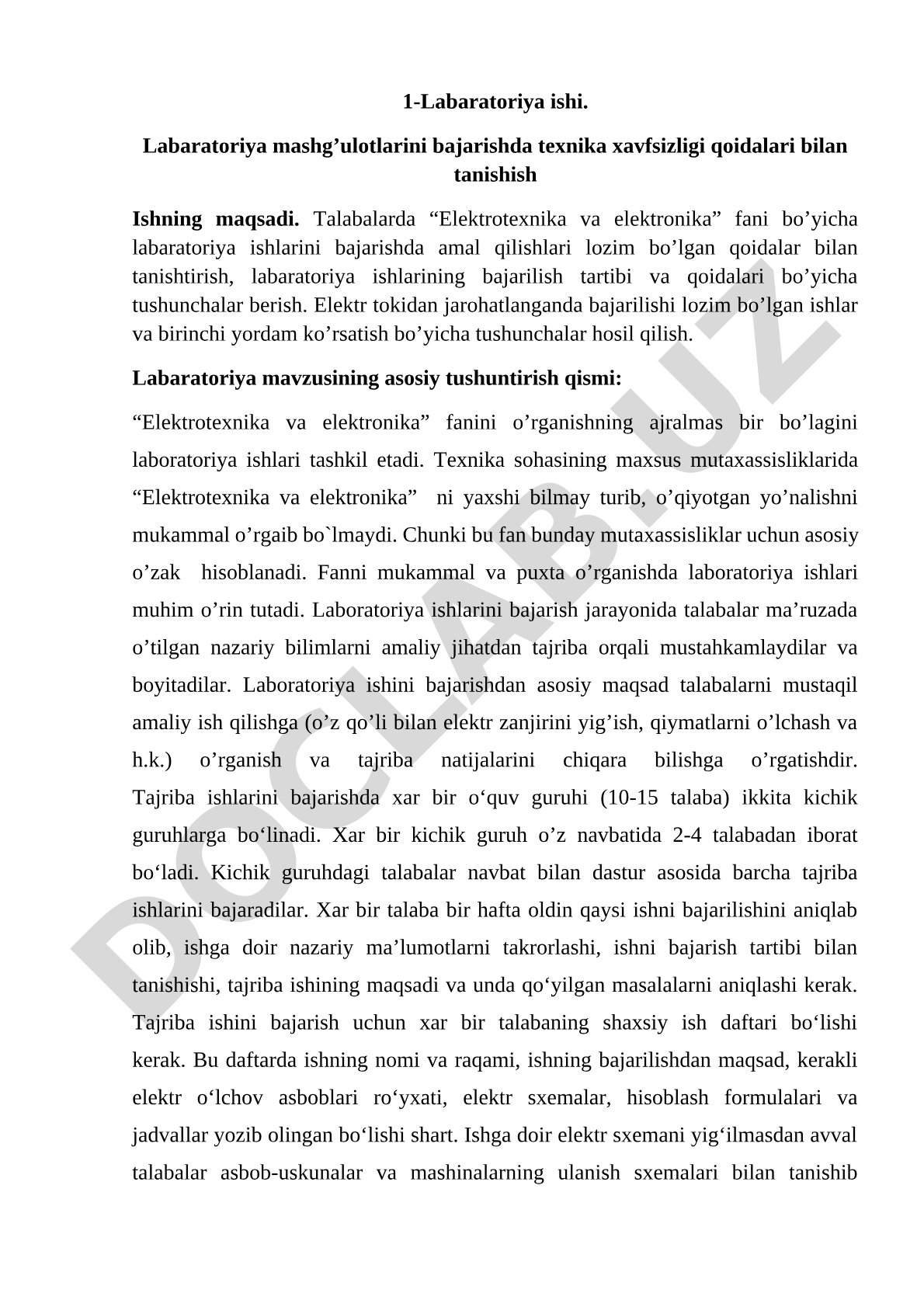 Labaratoriya mashg'ulotlarini bajarishda texnika xavfsizligi qoidalari bilan tanishish