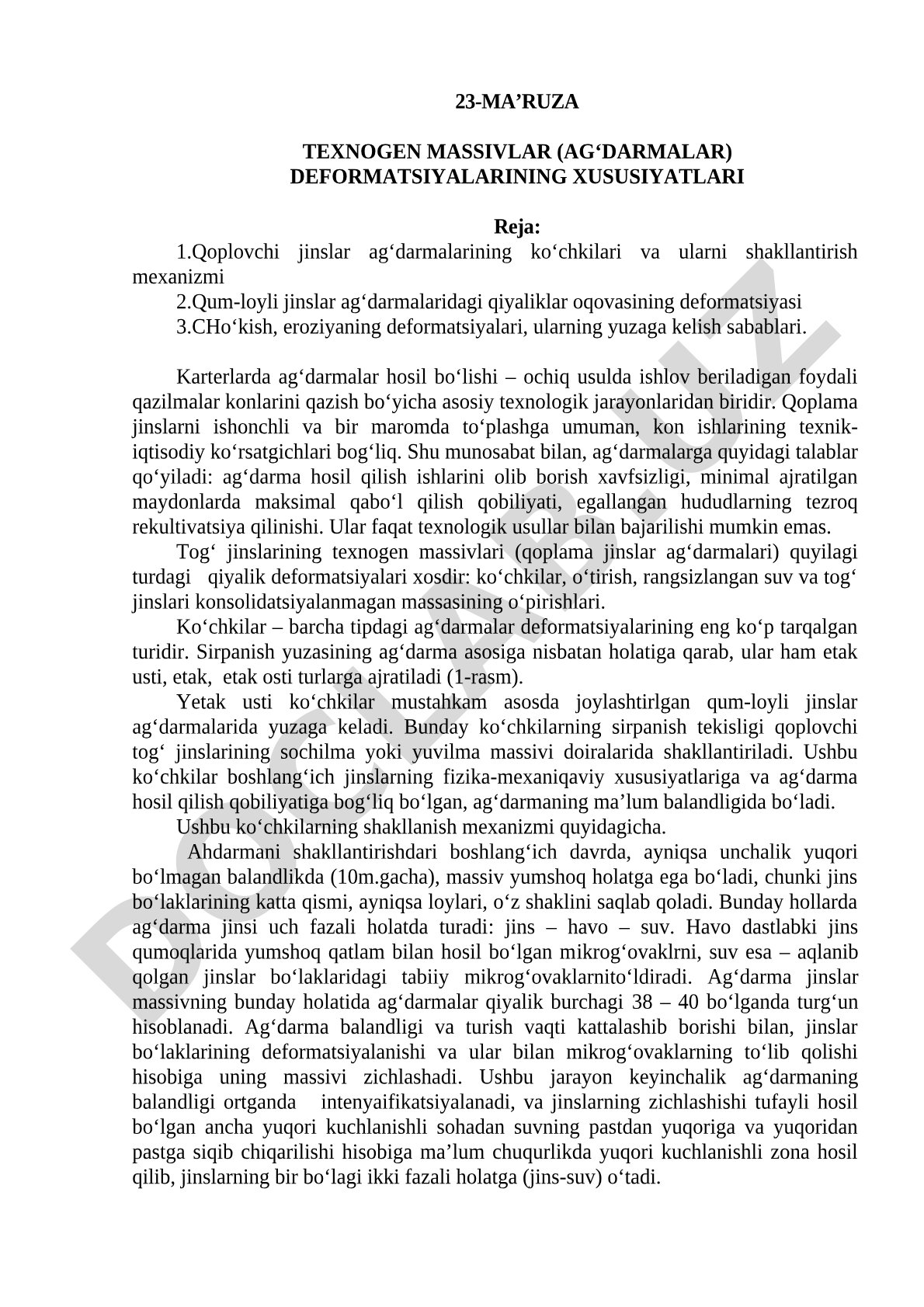 Texnogen massivlar (ag‘darmalar) deformatsiyalarining xususiyatlari