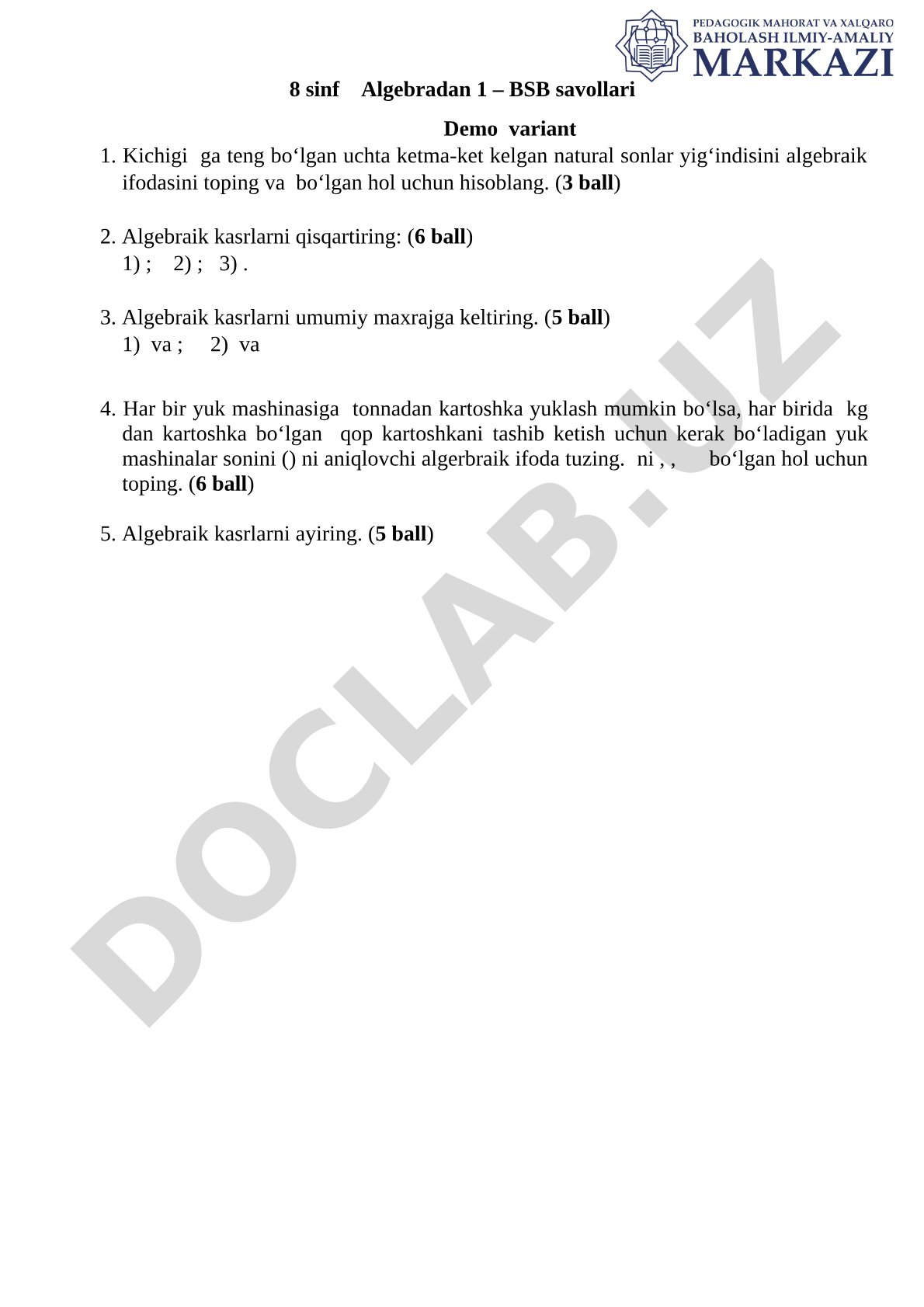 8 sinf Algebradan 1 – BSB savollari Demo variant