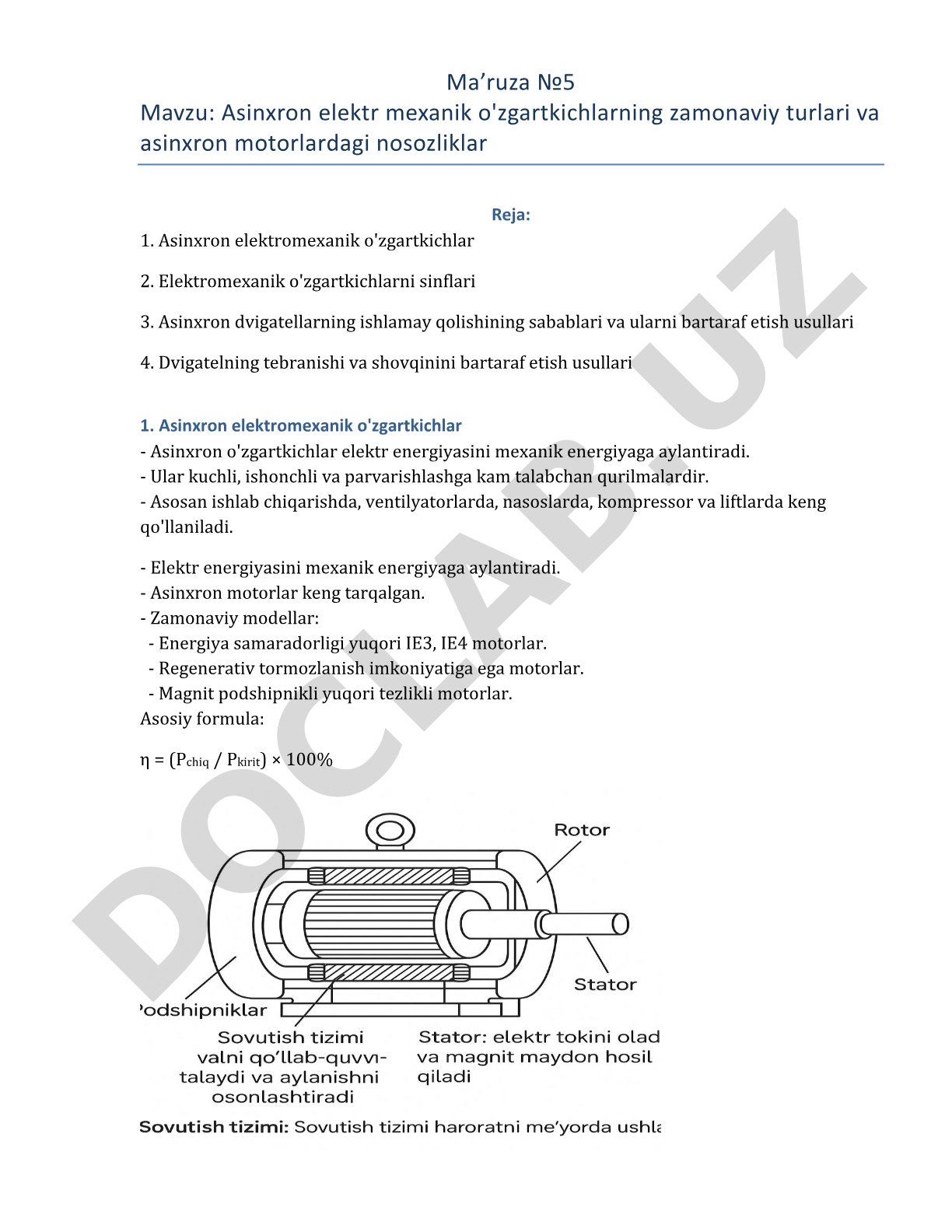 Asinxron elektr mexanik o'zgartkichlarning zamonaviy turlari va asinxron motorlardagi nosozliklar