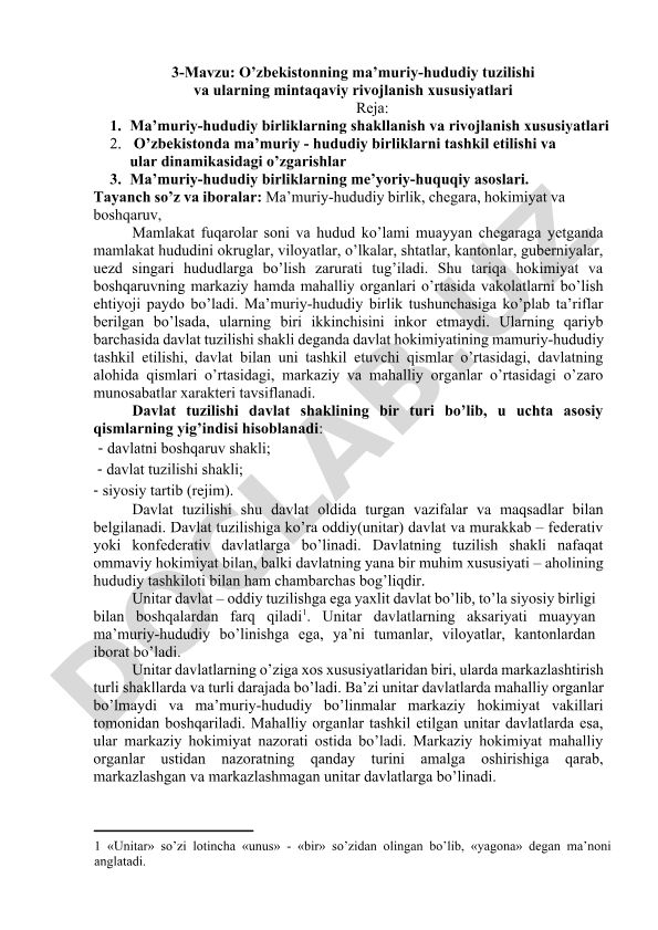 O’zbekistonning ma’muriy-hududiy tuzilishi va ularning mintaqaviy rivojlanish xususiyatlari