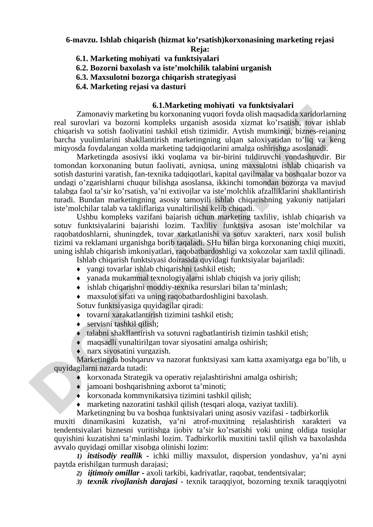 Ishlab chiqarish (hizmat ko’rsatish)korxonasining marketing rejasi