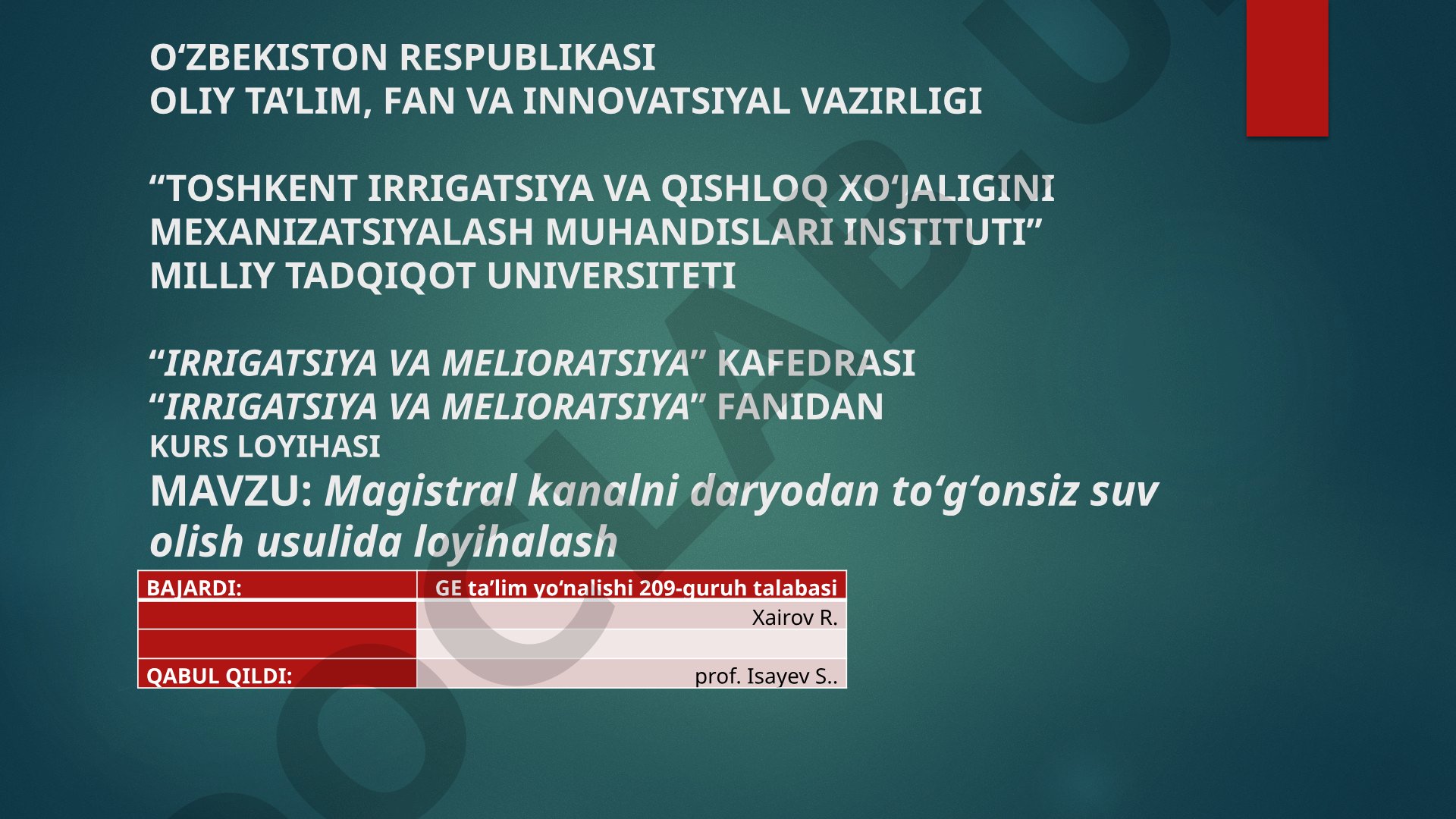 Magistral kanalni daryodan toʻgʻonsiz suv olish usulida loyihalash