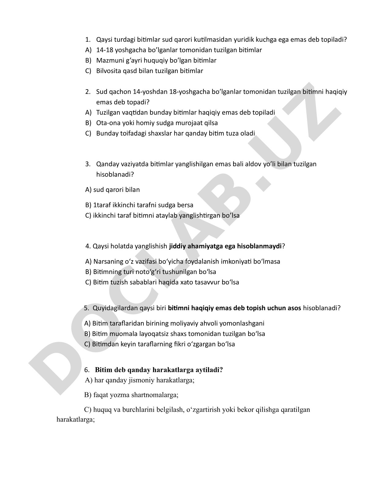 Bitimlarning haqiqiy emasligi bo'yicha test savollari