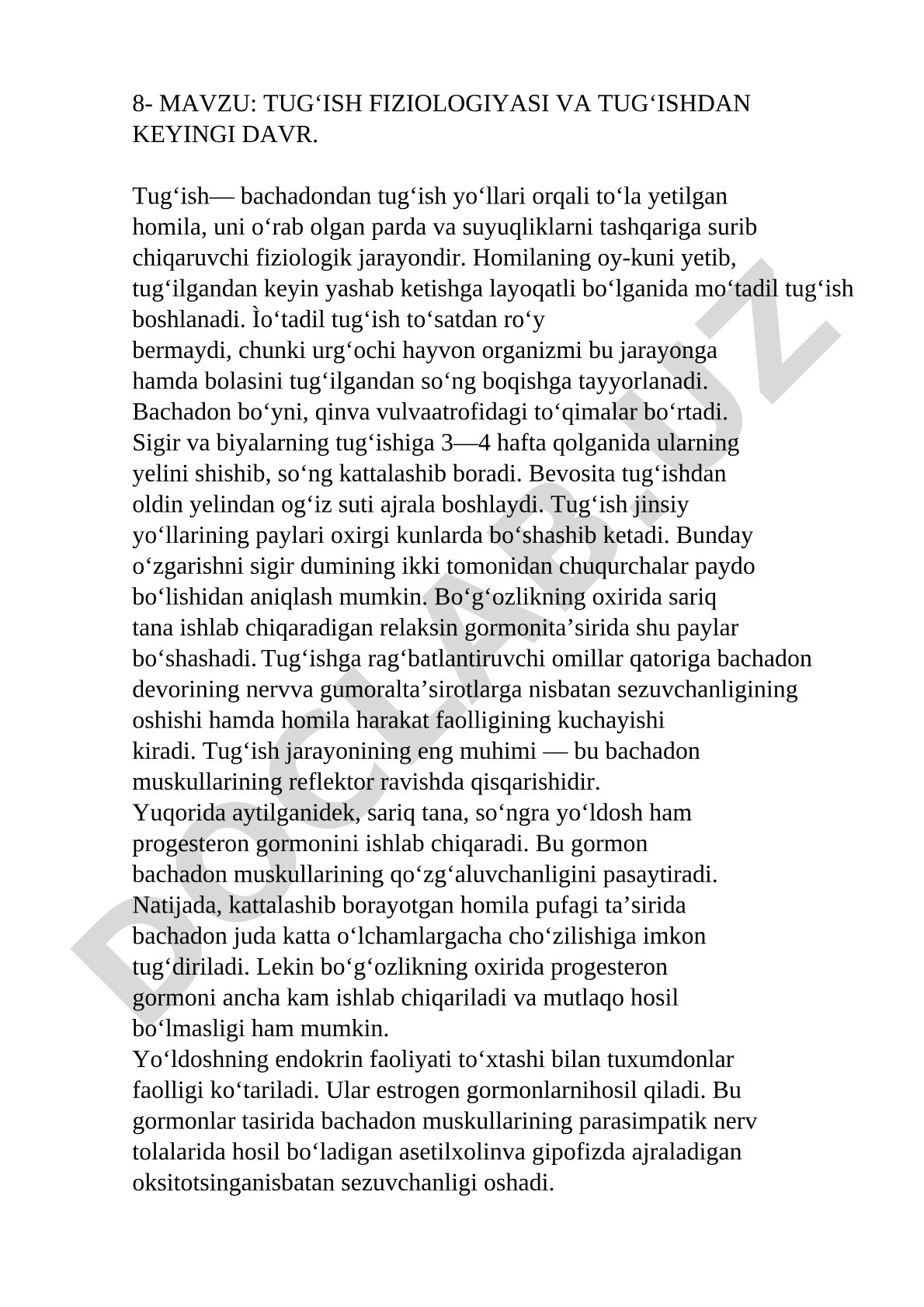 TUG‘ISH FIZIOLOGIYASI VA TUG‘ISHDAN KEYINGI DAVR