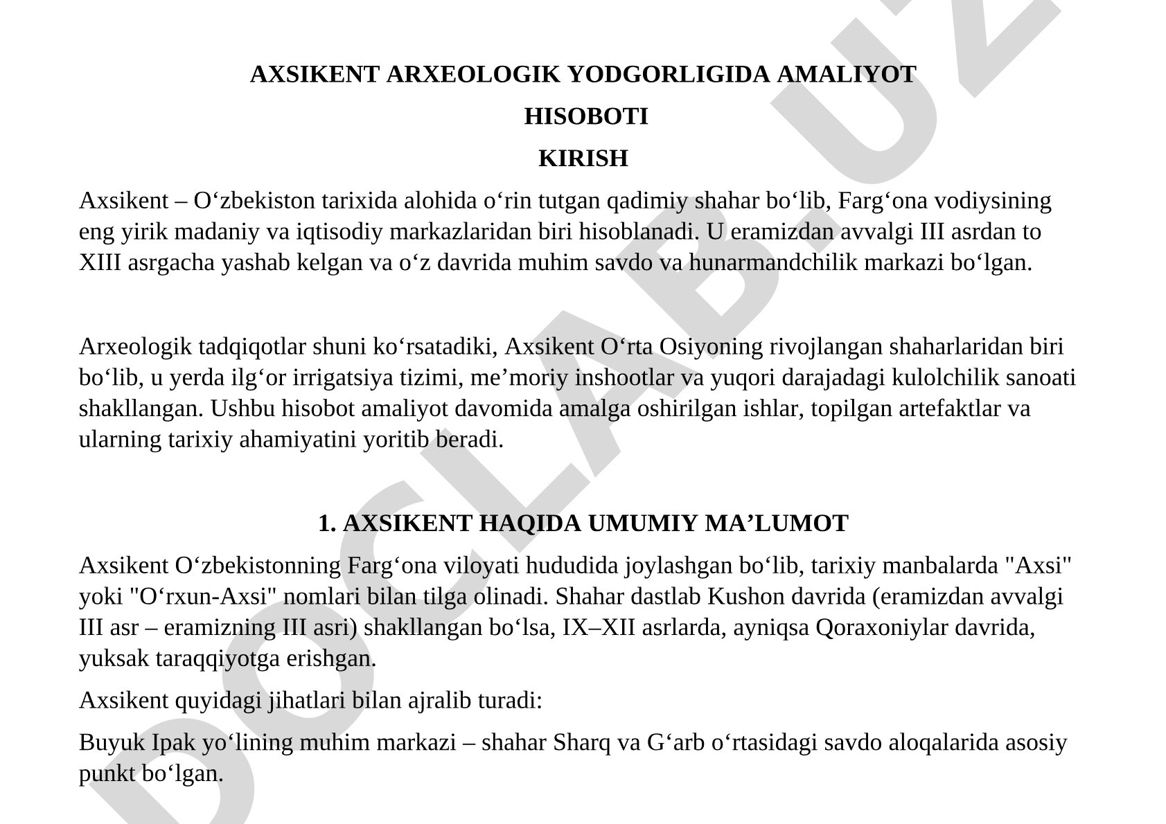 Axsikent arxeologik yodgorligida amaliyot hisoboti