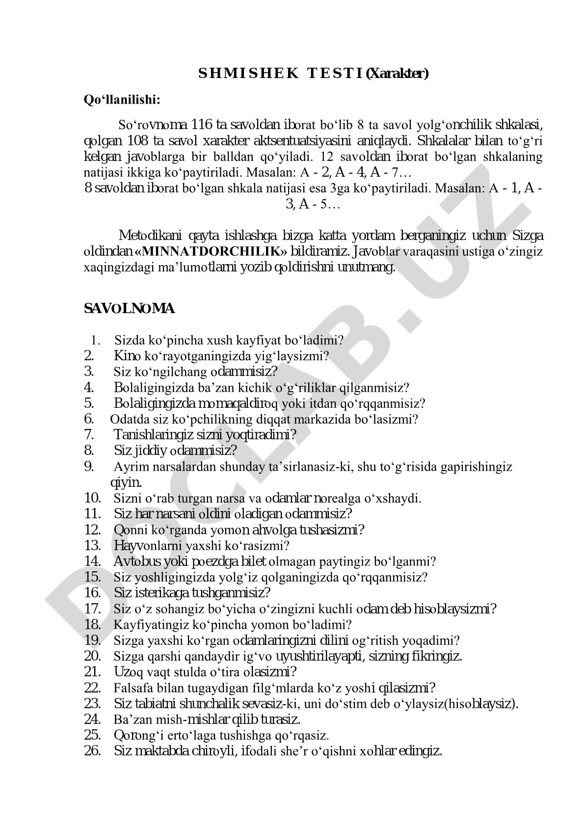 Shmishek testi xarakter aksentuatsiyasini aniqlash uchun 116 ta savoldan iborat