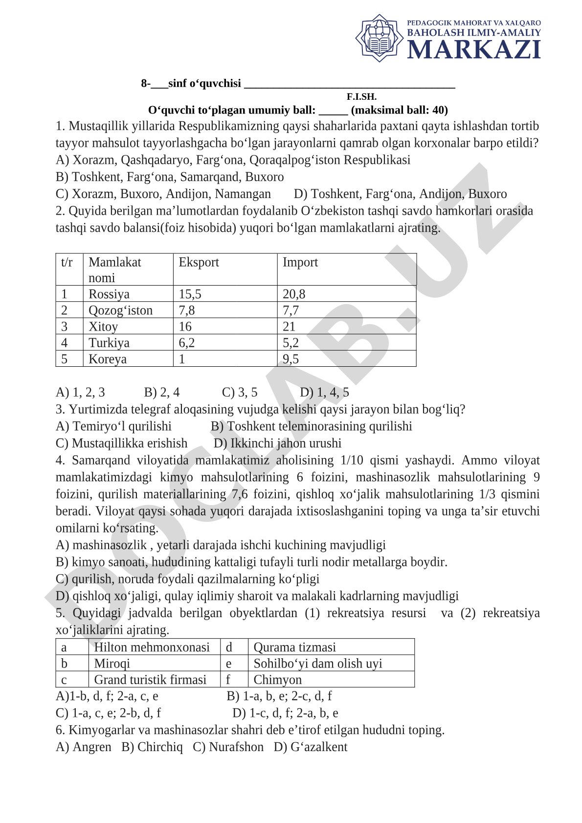 O'zbekiston mustaqillik yillari va iqtisodiyotiga oid test