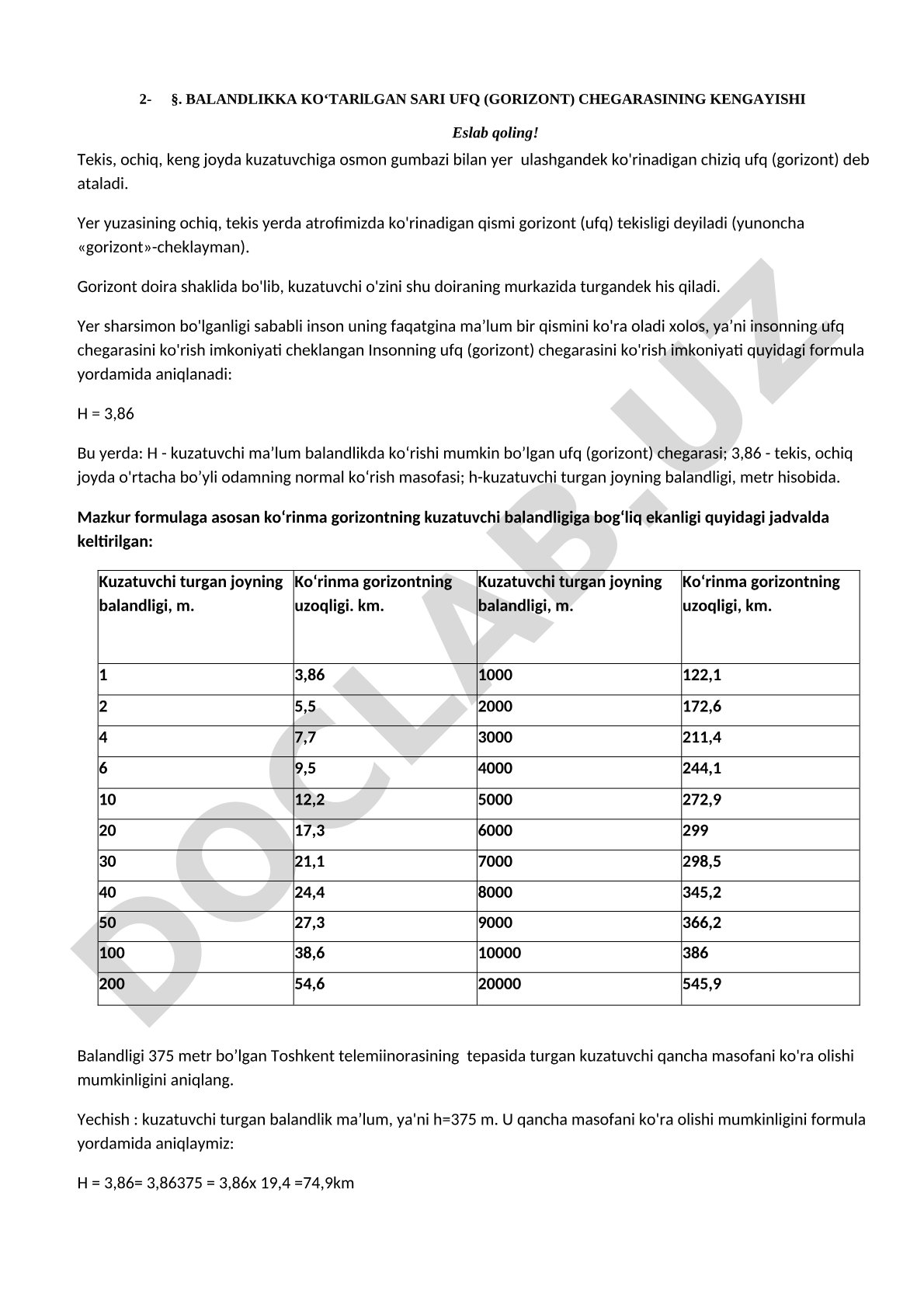 BALANDLIKKA KO‘TARlLGAN SARI UFQ (GORIZONT) CHEGARASINING KENGAYISHI