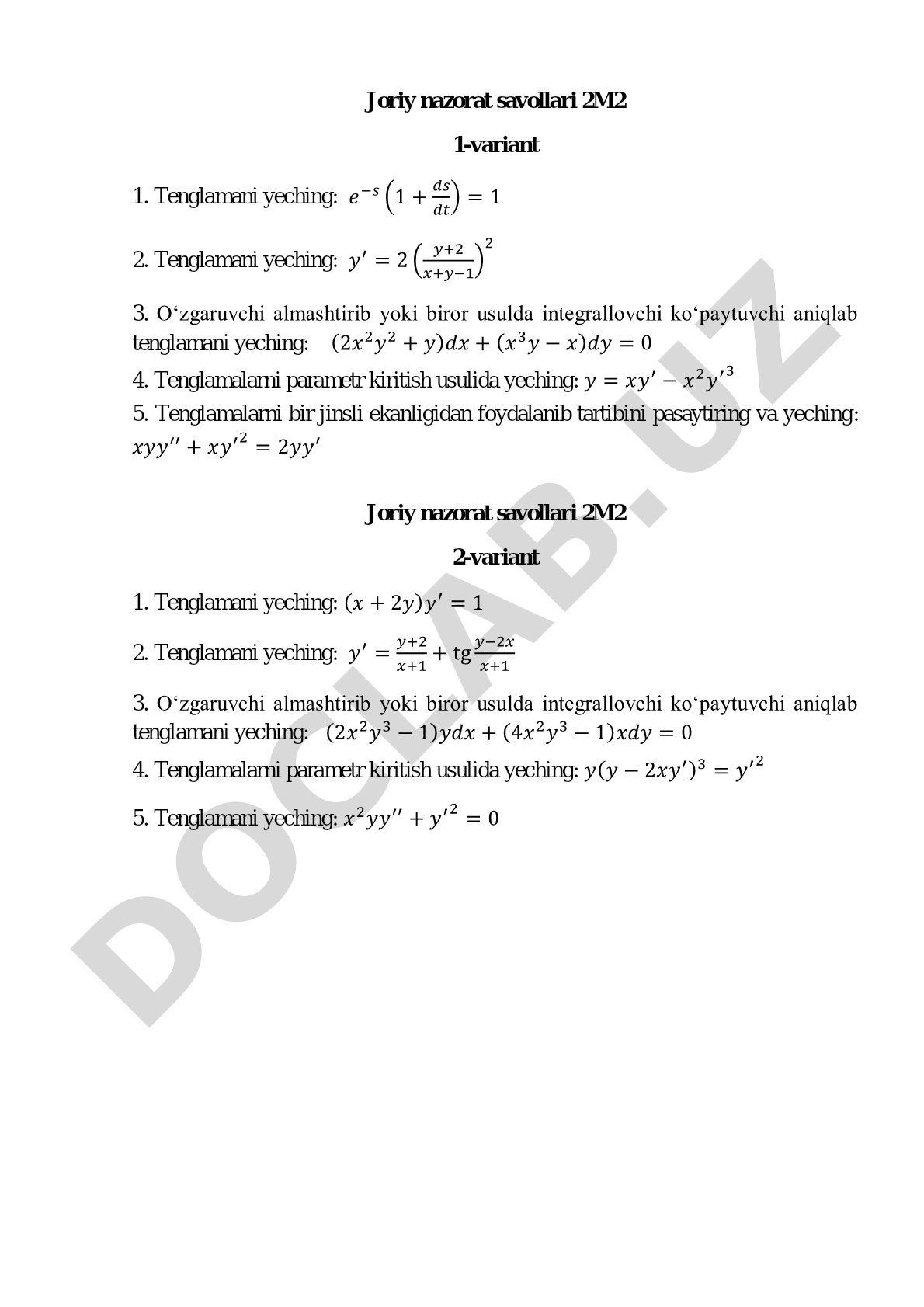 Differensial tenglamalarni yechish bo'yicha joriy nazorat savollari