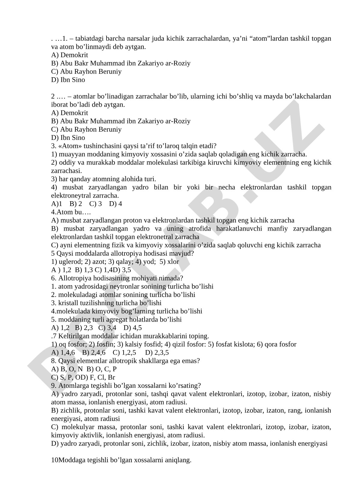 Atom tuzilishi va kimyoviy elementlar bo'yicha test