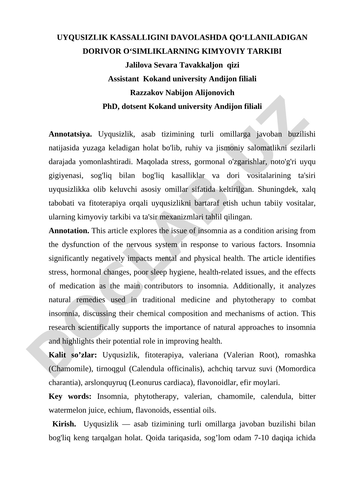 Uyqusizlik kassalligini davolashda qo‘llaniladigan dorivor o‘simliklarning kimyoviy tarkibi