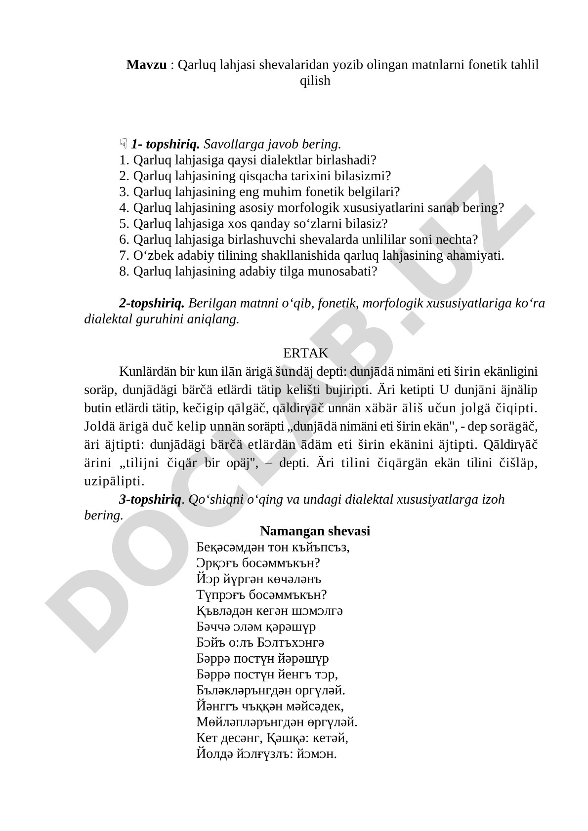 Qarluq lahjasi shevalaridan yozib olingan matnlarni fonetik tahlil qilish