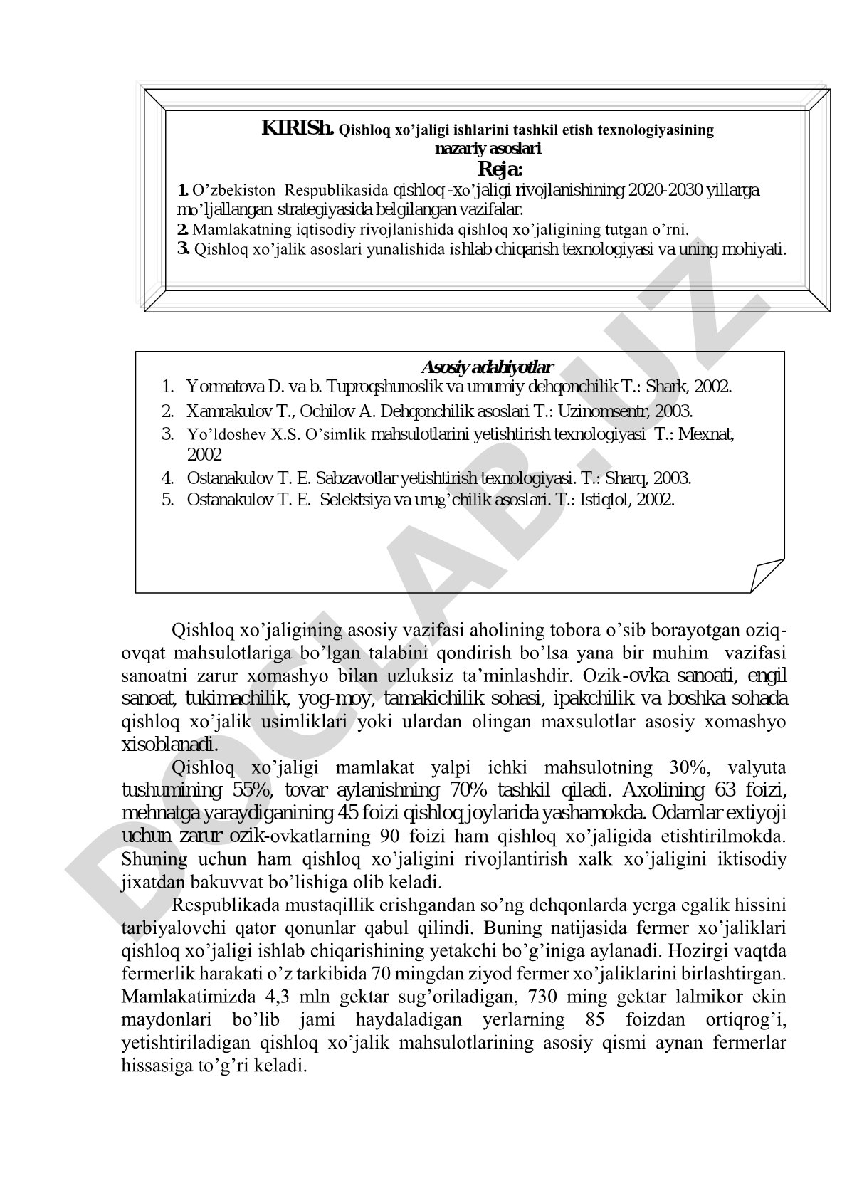 Qishloq xo'jaligining iqtisodiy ahamiyati va fermer xo'jaliklari