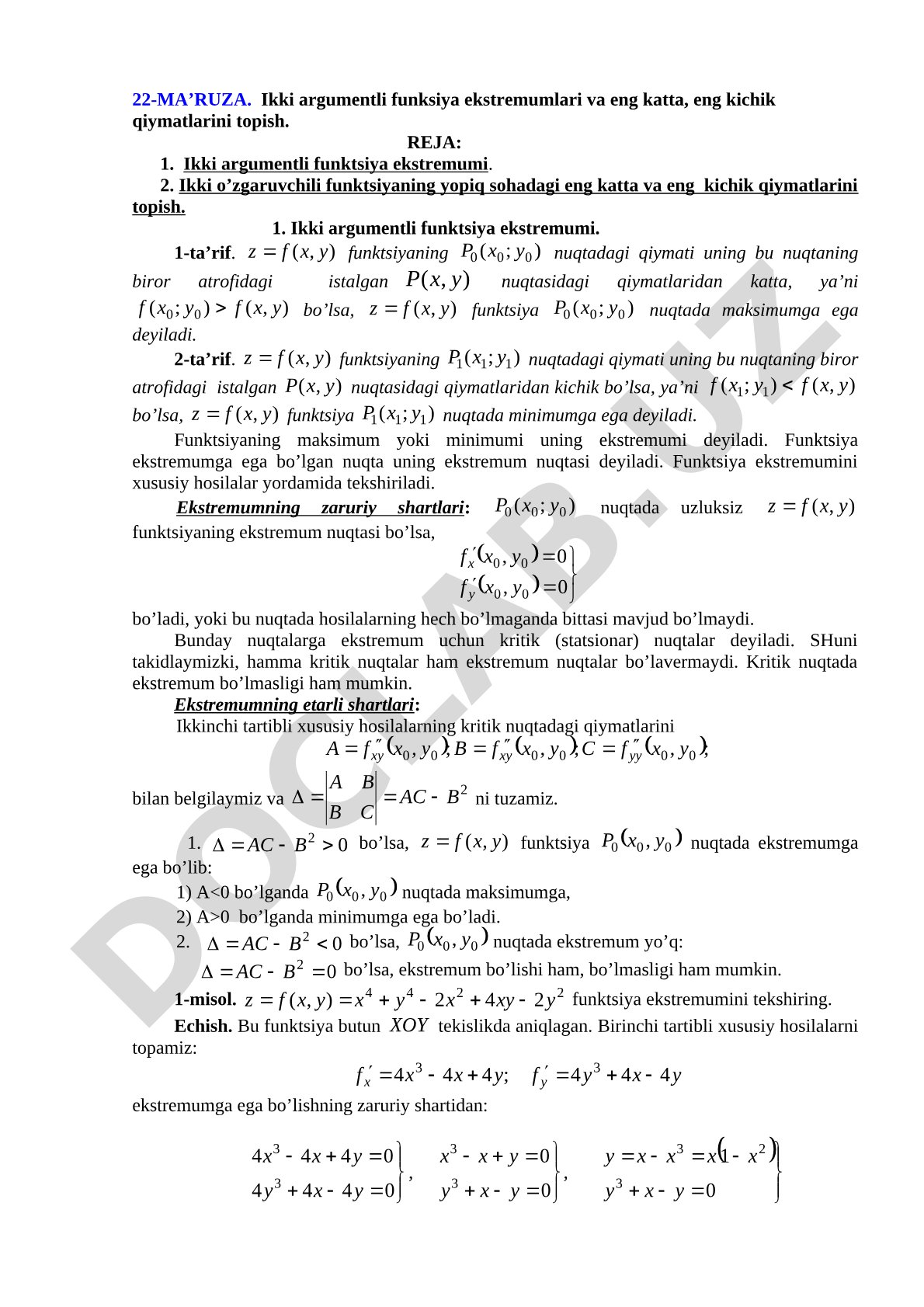Ikki argumentli funksiya ekstremumlari va eng katta, eng kichik qiymatlarini topish