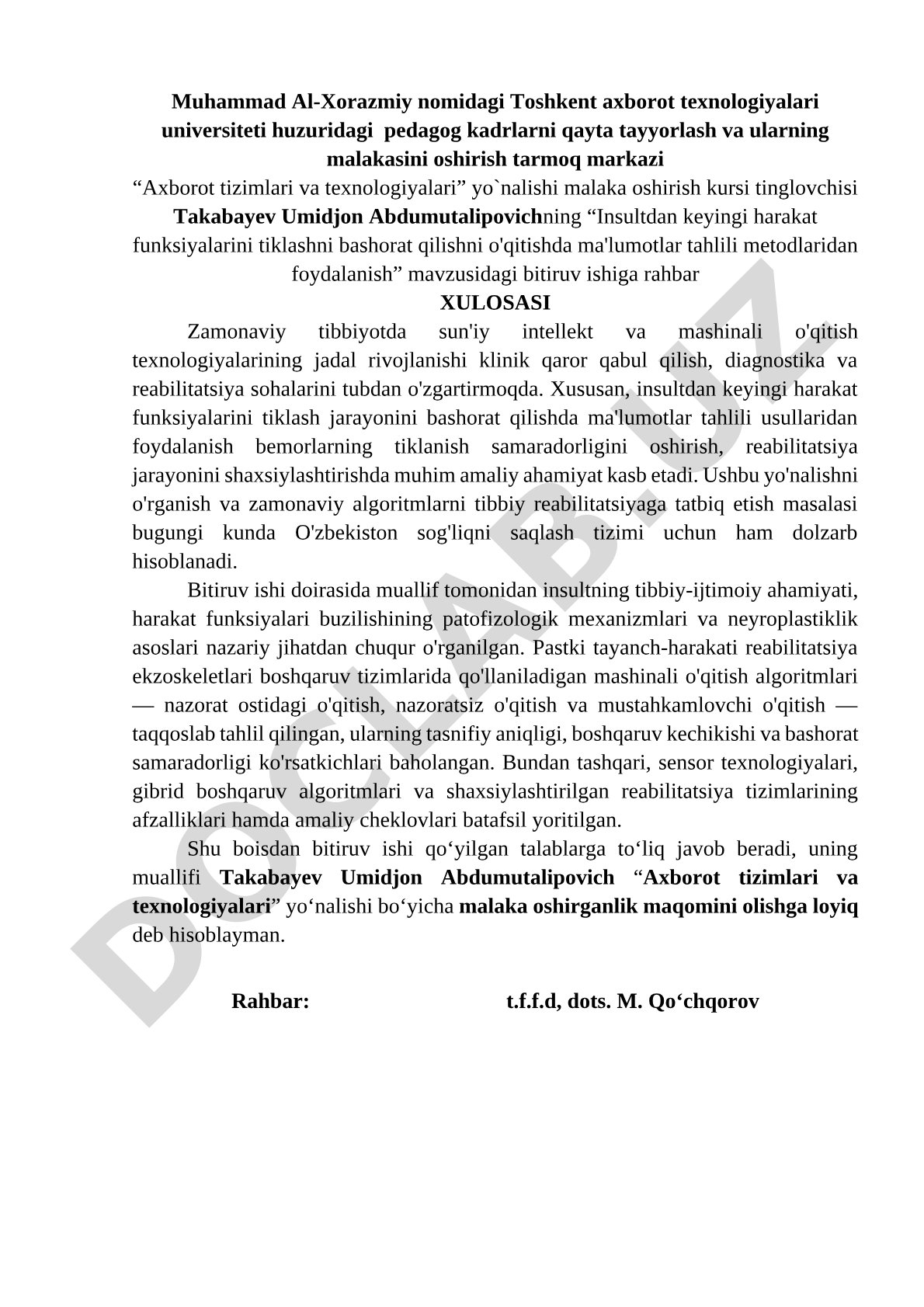 Insultdan keyingi harakat funksiyalarini tiklashni bashorat qilishni o'qitishda ma'lumotlar tahlili metodlaridan foydalanish