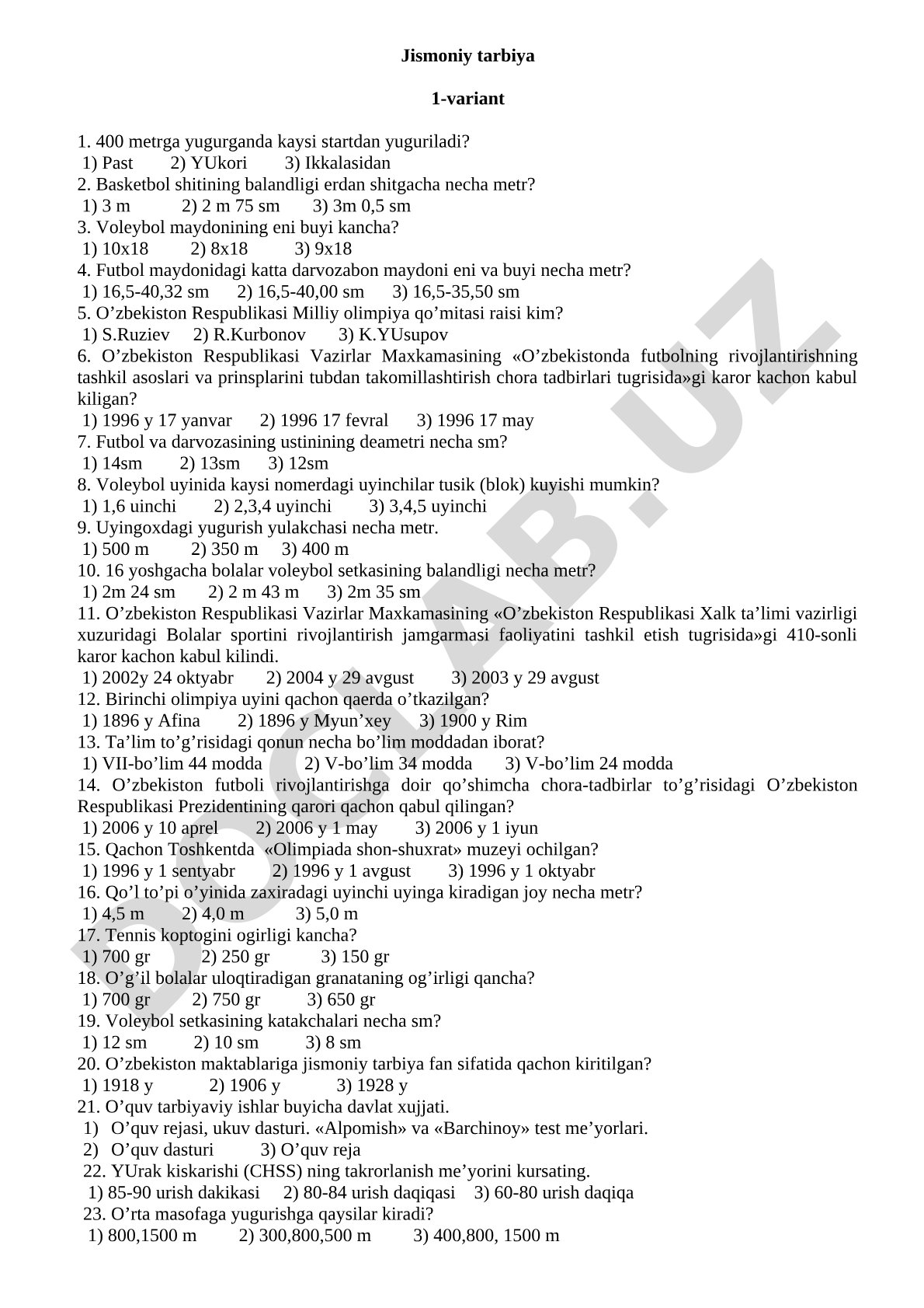 Jismoniy tarbiya fanidan test savollari