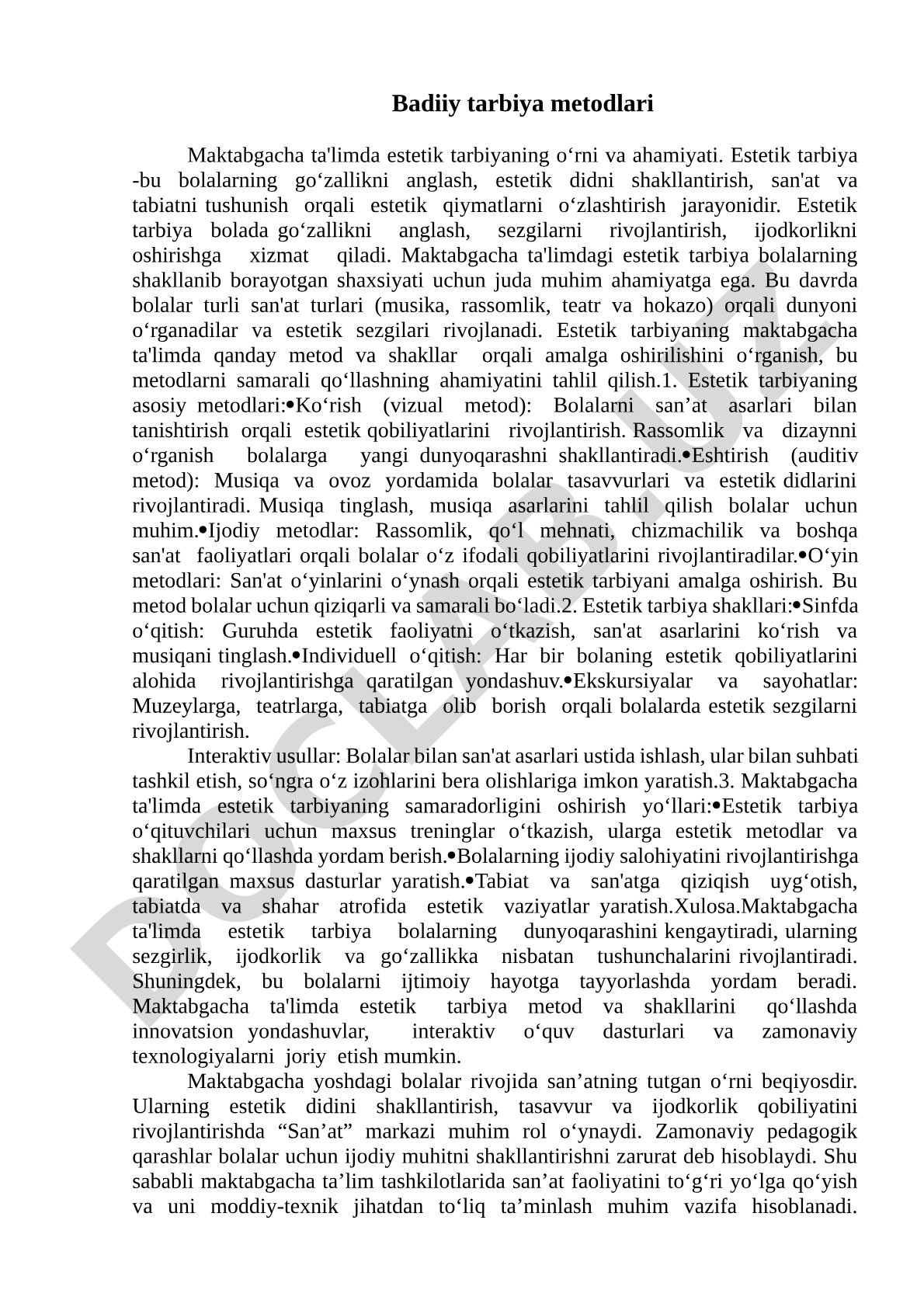Badiiy tarbiya metodlari Maktabgacha ta'limda estetik tarbiyaning o‘rni va ahamiyati