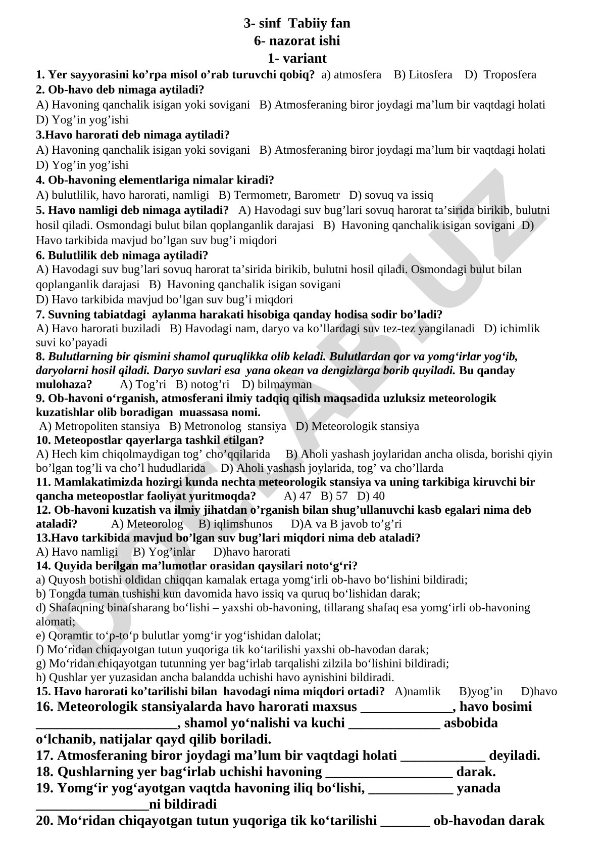 3- sinf Tabiiy fan 6- nazorat ishi 1- variant