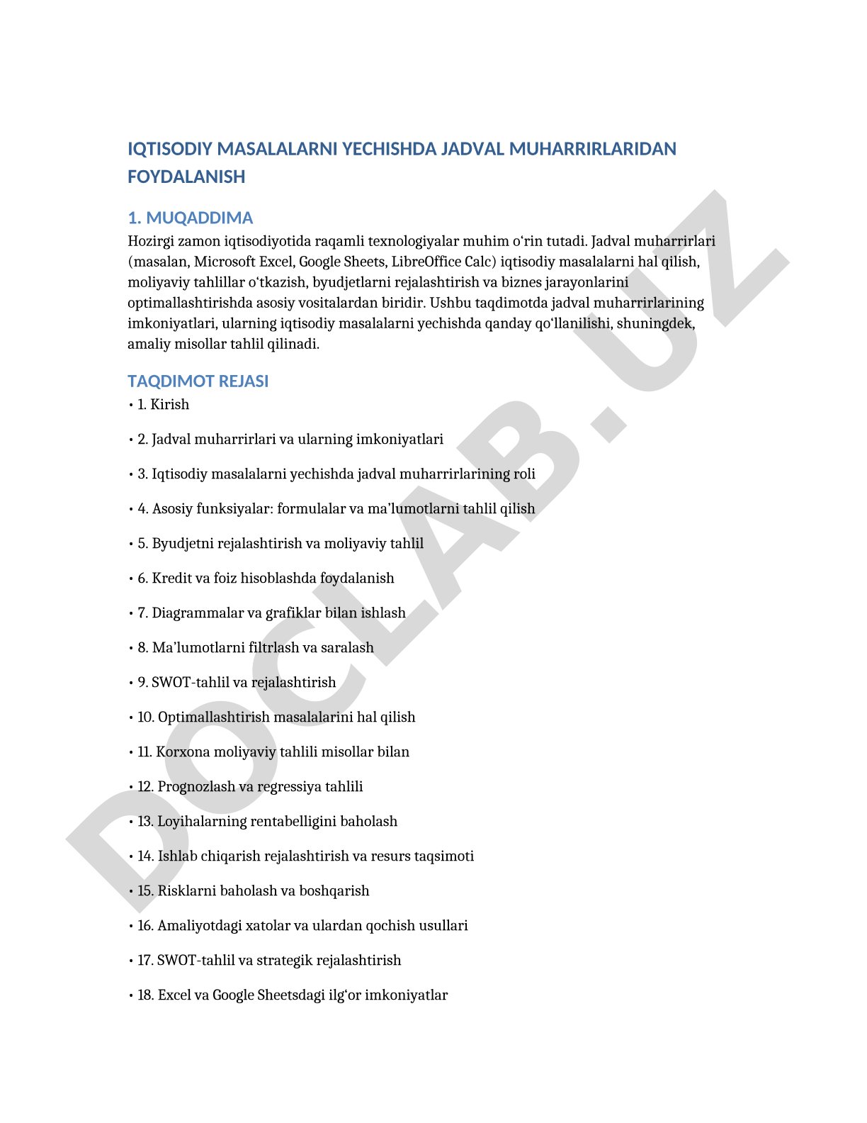 Iqtisodiy masalalarni yechishda jadval muharrirlaridan foydalanish