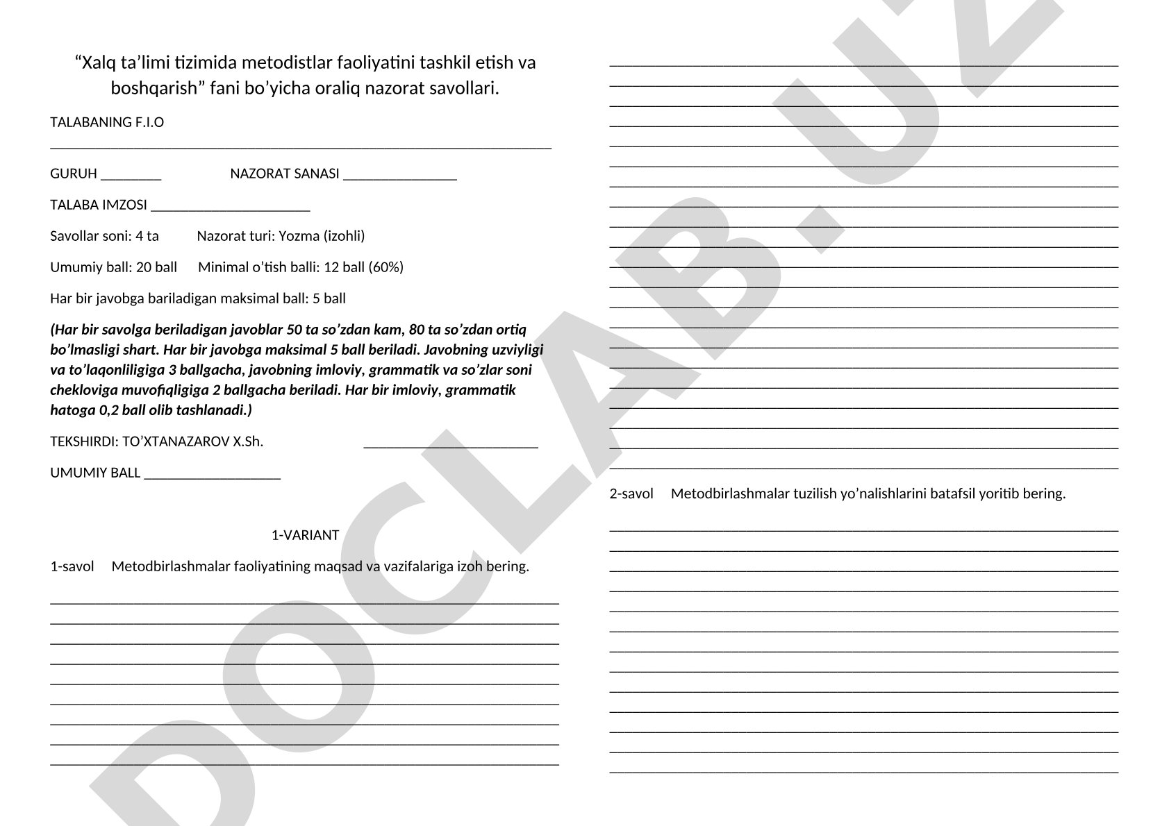 Xalq ta'limi tizimida metodistlar faoliyatini tashkil etish va boshqarish