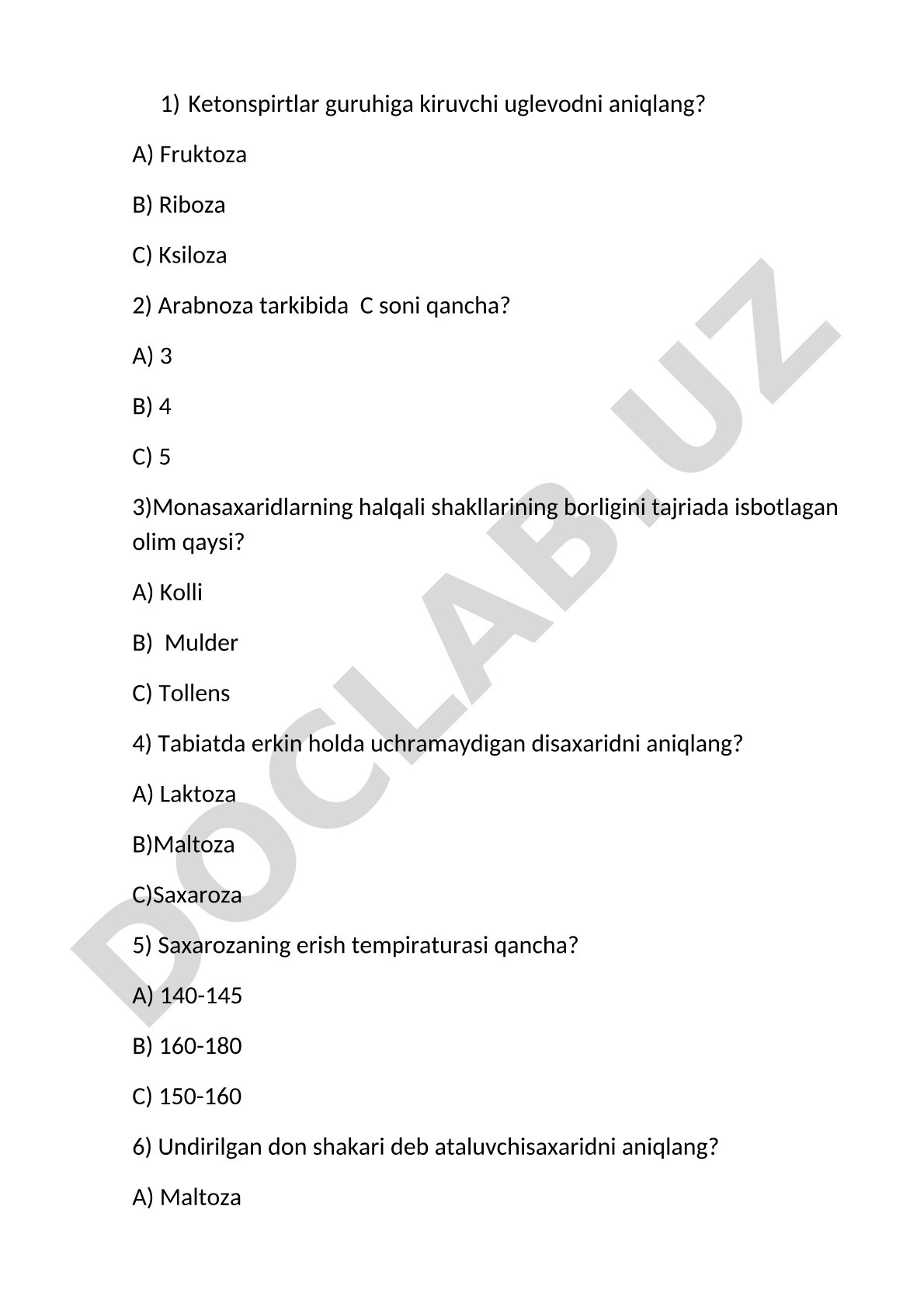 Uglevodlar kimyosi bo'yicha savollar