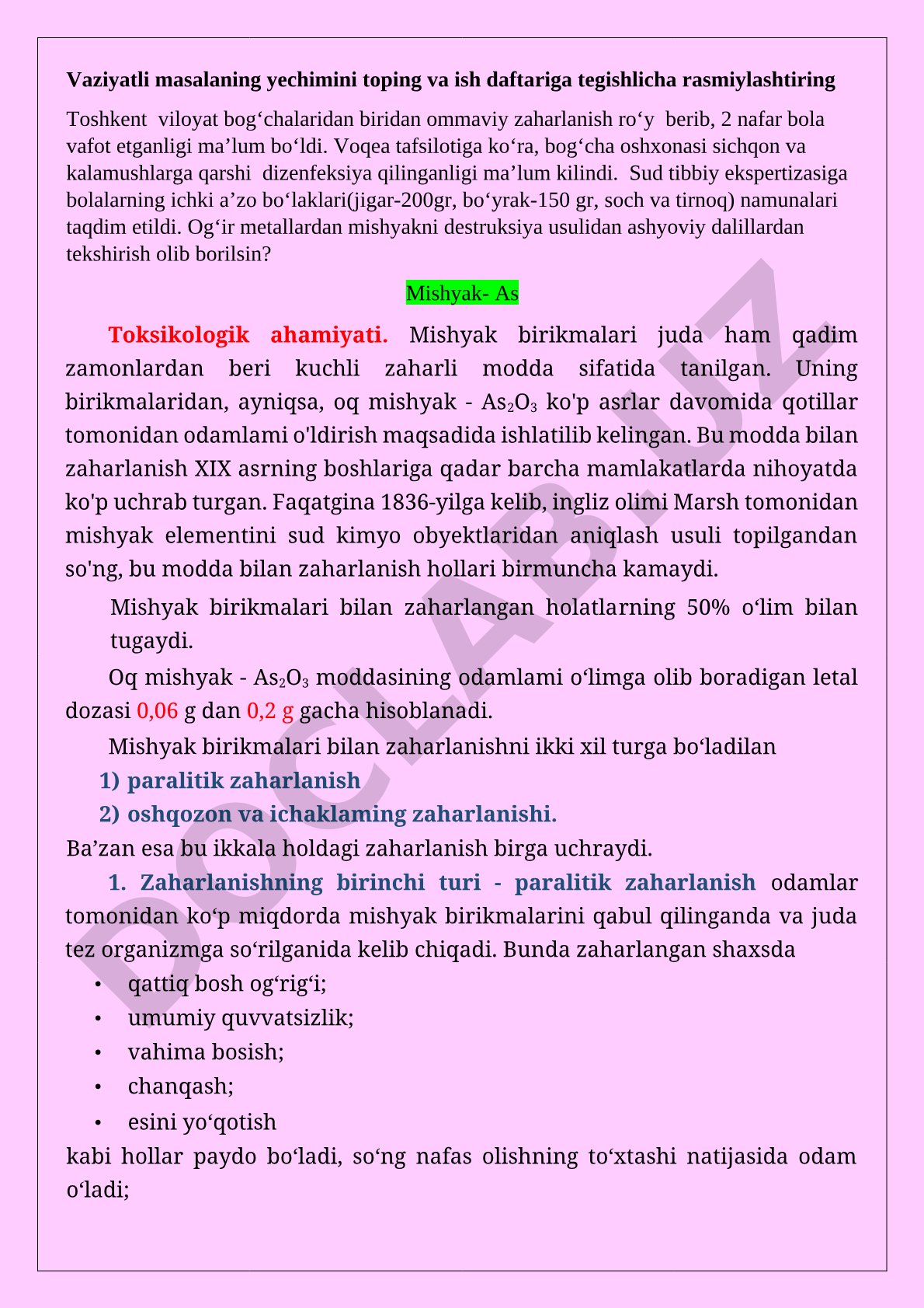 Ommaviy zaharlanish va mishyak toksikologiyasi