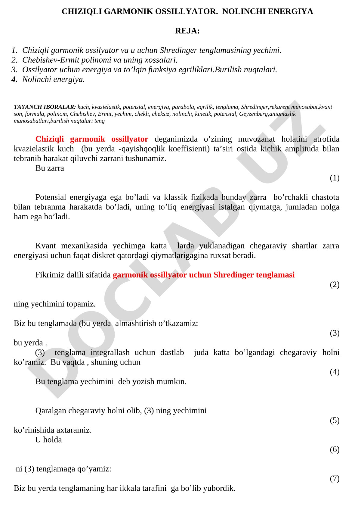Chiziqli garmonik ossillyator. Nolinchi energiya