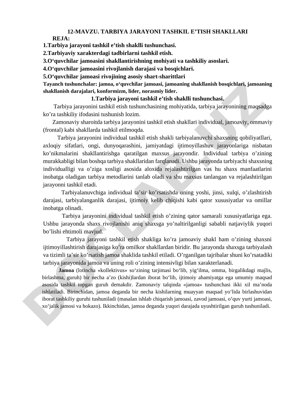 Tarbiya jarayoni tashkil e’tish shakllari