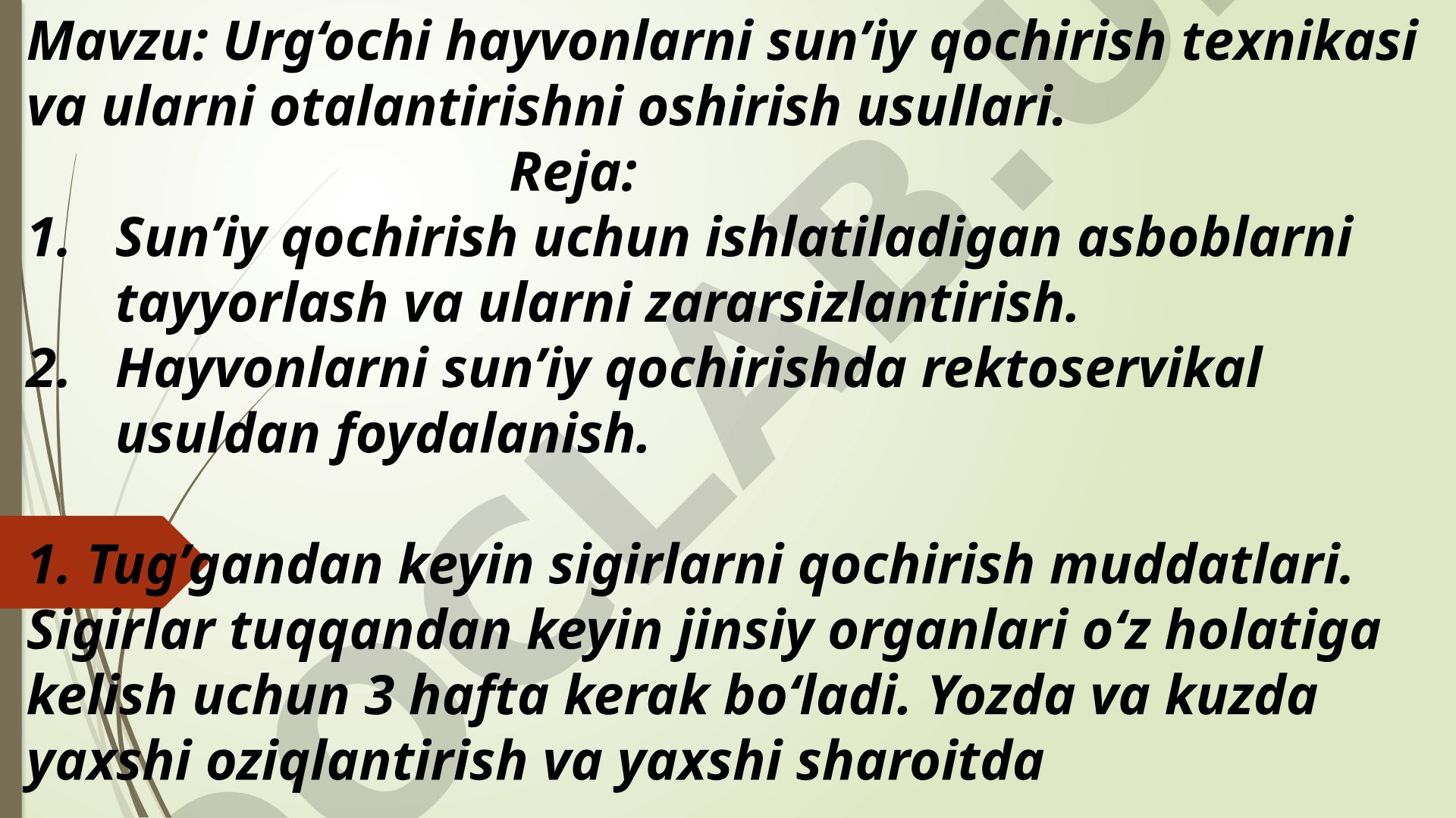 Urg‘ochi hayvonlarni sun’iy qochirish texnikasi va ularni otalantirishni oshirish usullari