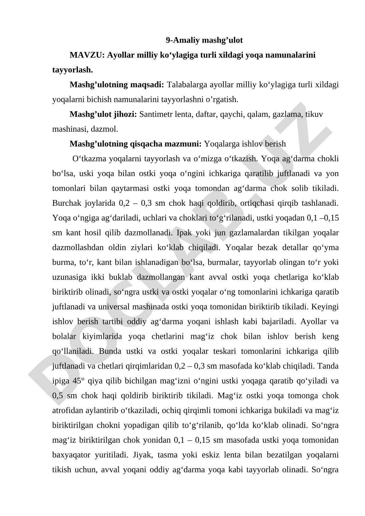 Ayollar milliy koʻylagiga turli xildagi yoqa namunalarini tayyorlash