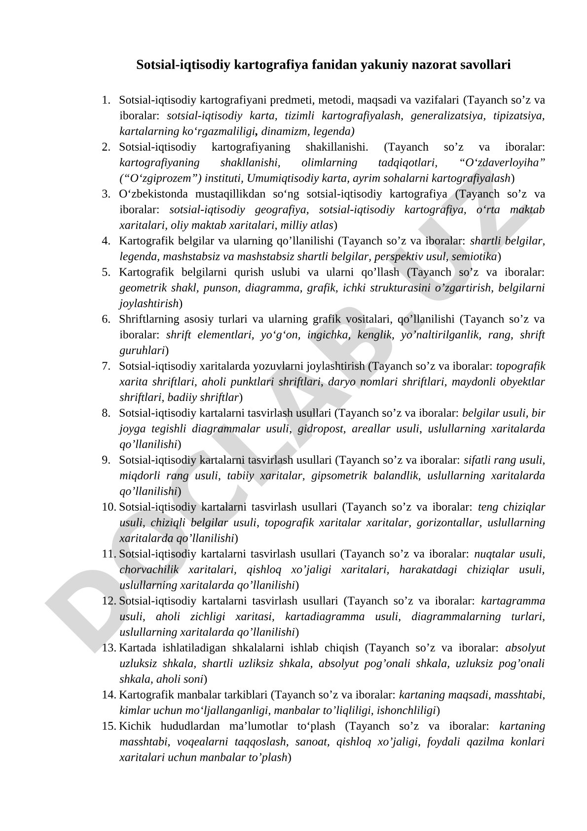 Sotsial-iqtisodiy kartografiya fanidan yakuniy nazorat savollari