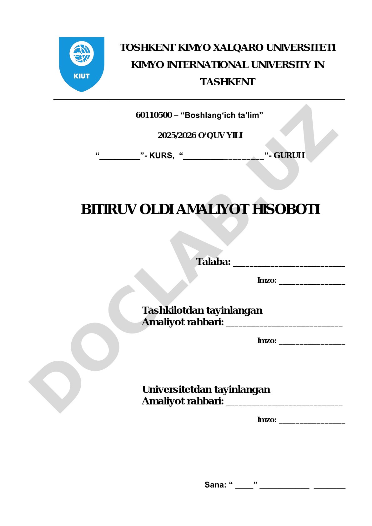 Boshlang'ich ta'lim bitiruv oldi amaliyot hisoboti shabloni