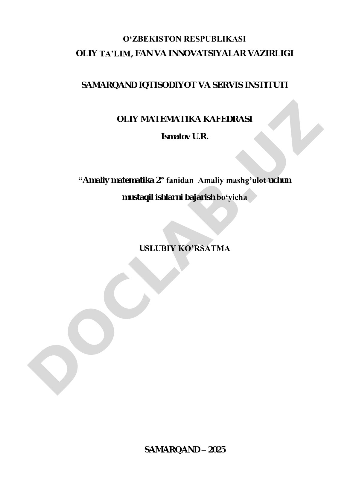 Amaliy matematika 2 mustaqil ishlari bo'yicha uslubiy ko'rsatma
