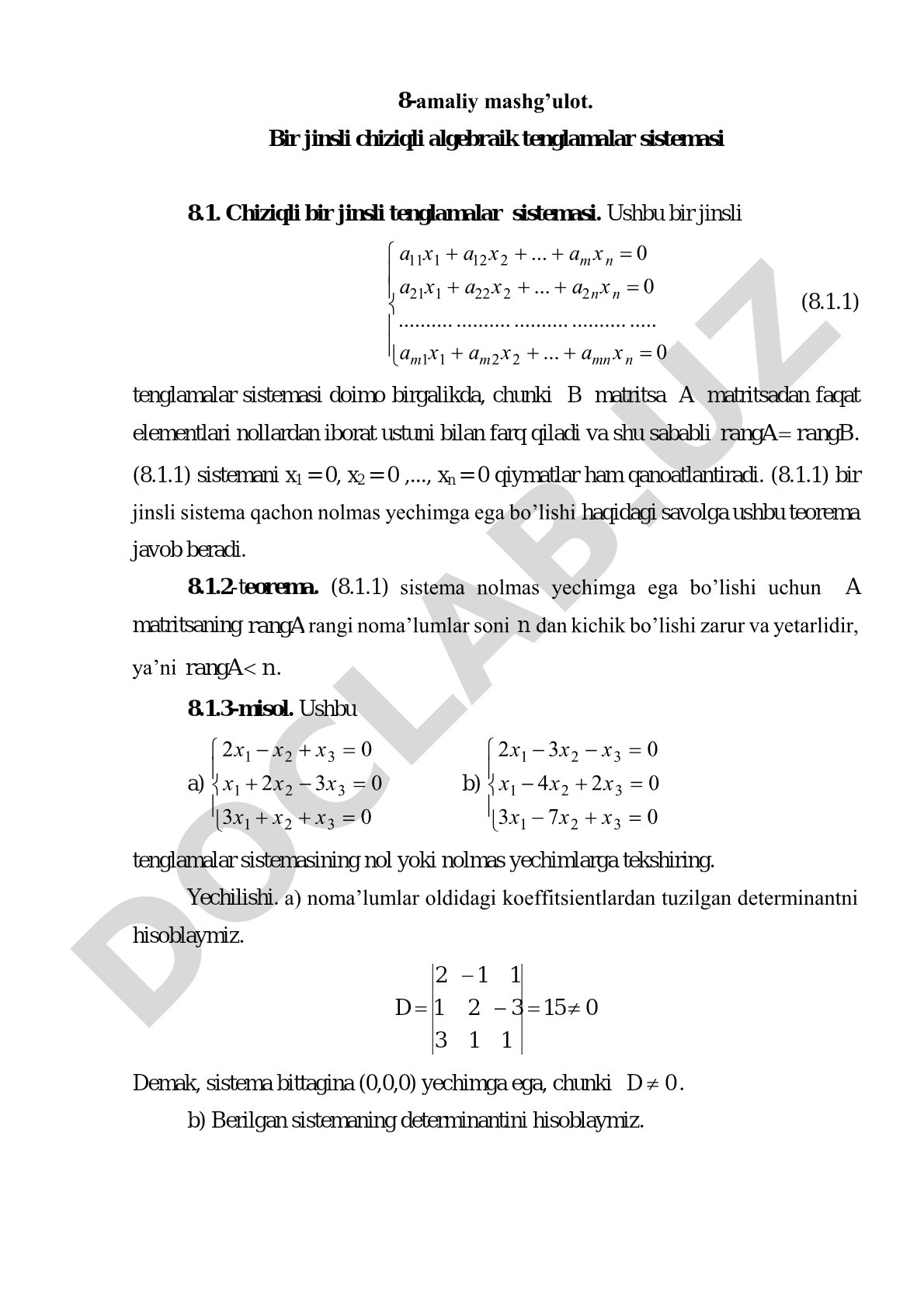Bir jinsli chiziqli algebraik tenglamalar sistemasi