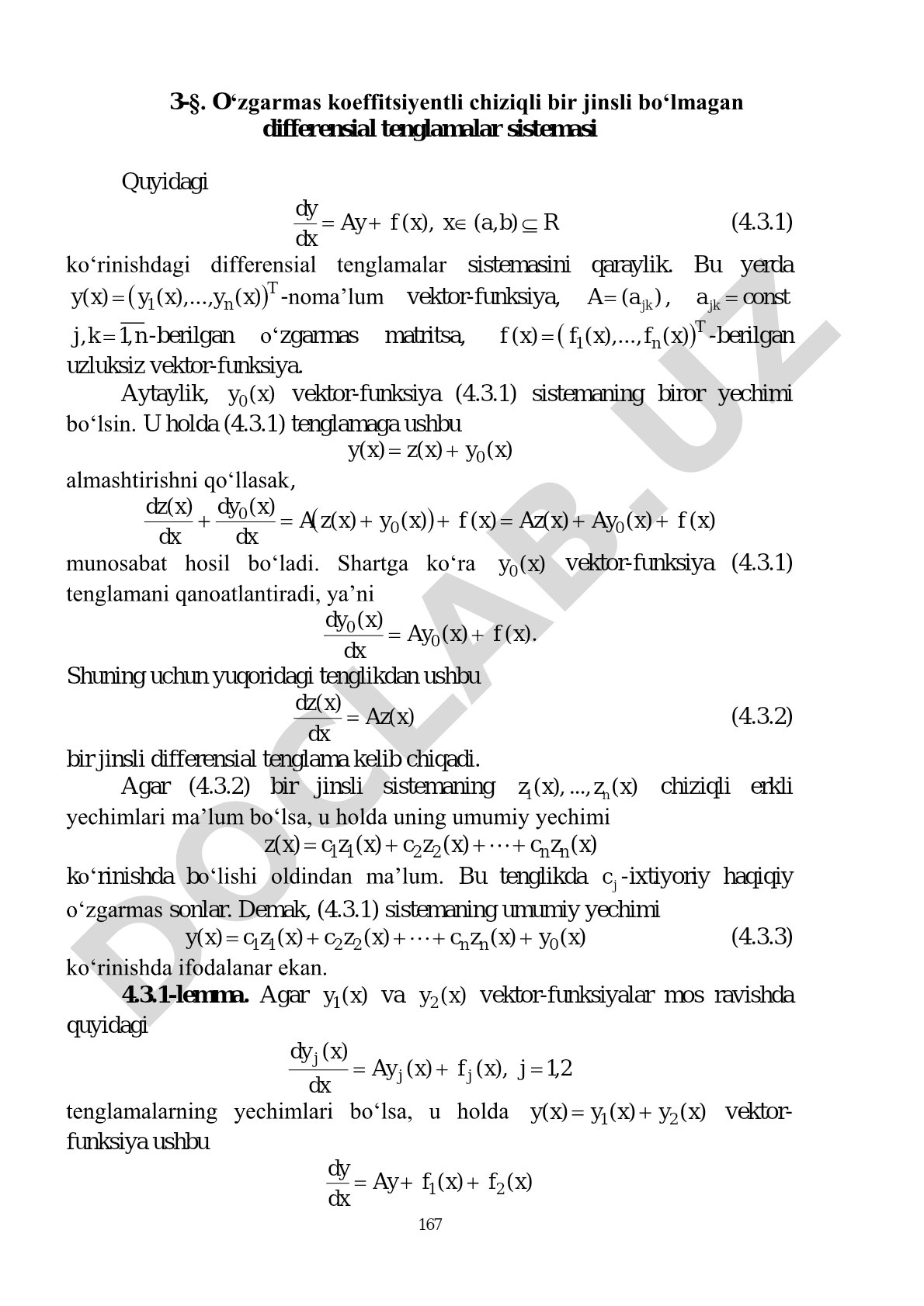 O'zgarmas koeffitsiyentli chiziqli bir jinsli bo'lmagan differensial tenglamalar sistemasi