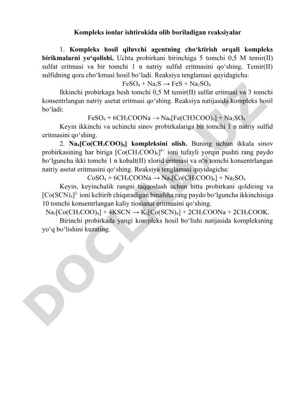 Kompleks ionlar ishtirokida olib boriladigan reaksiyalar