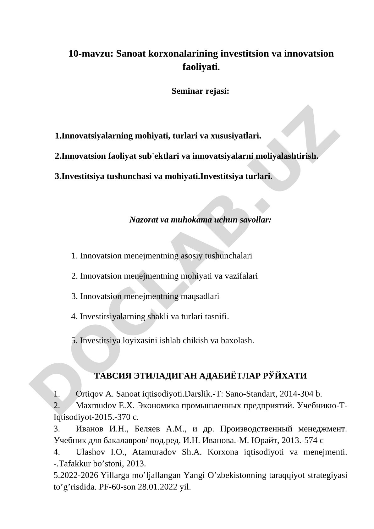 Sanoat korxonalarining investitsion va innovatsion faoliyati