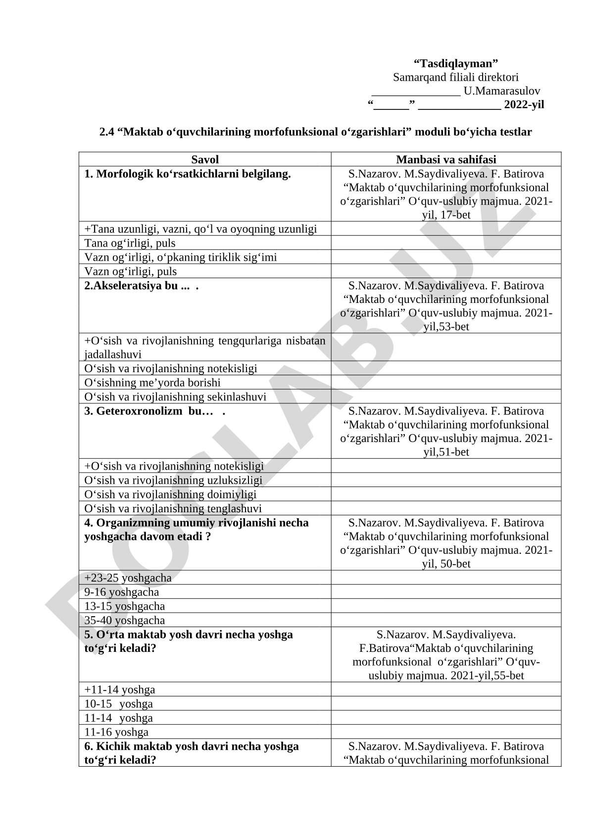 Maktab oʻquvchilarining morfofunksional oʻzgarishlari moduli boʻyicha testlar