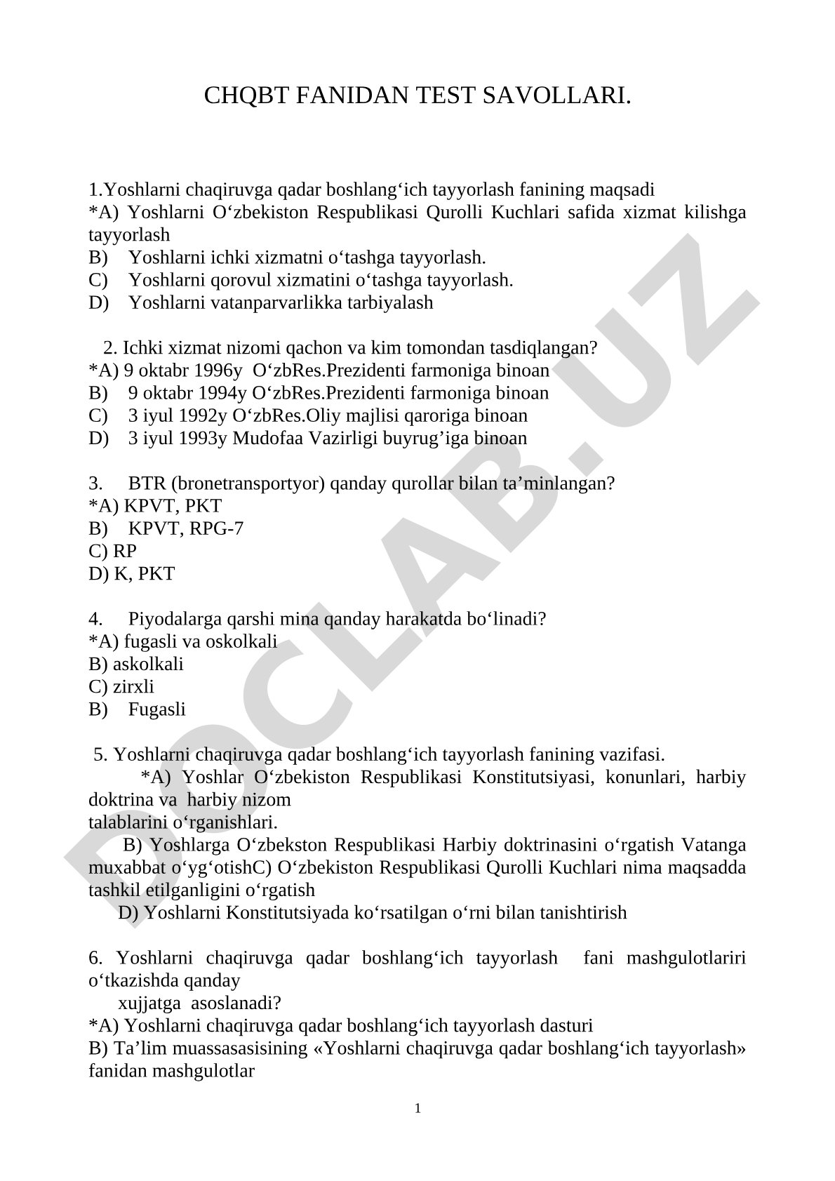 CHQBT fanidan test savollari
