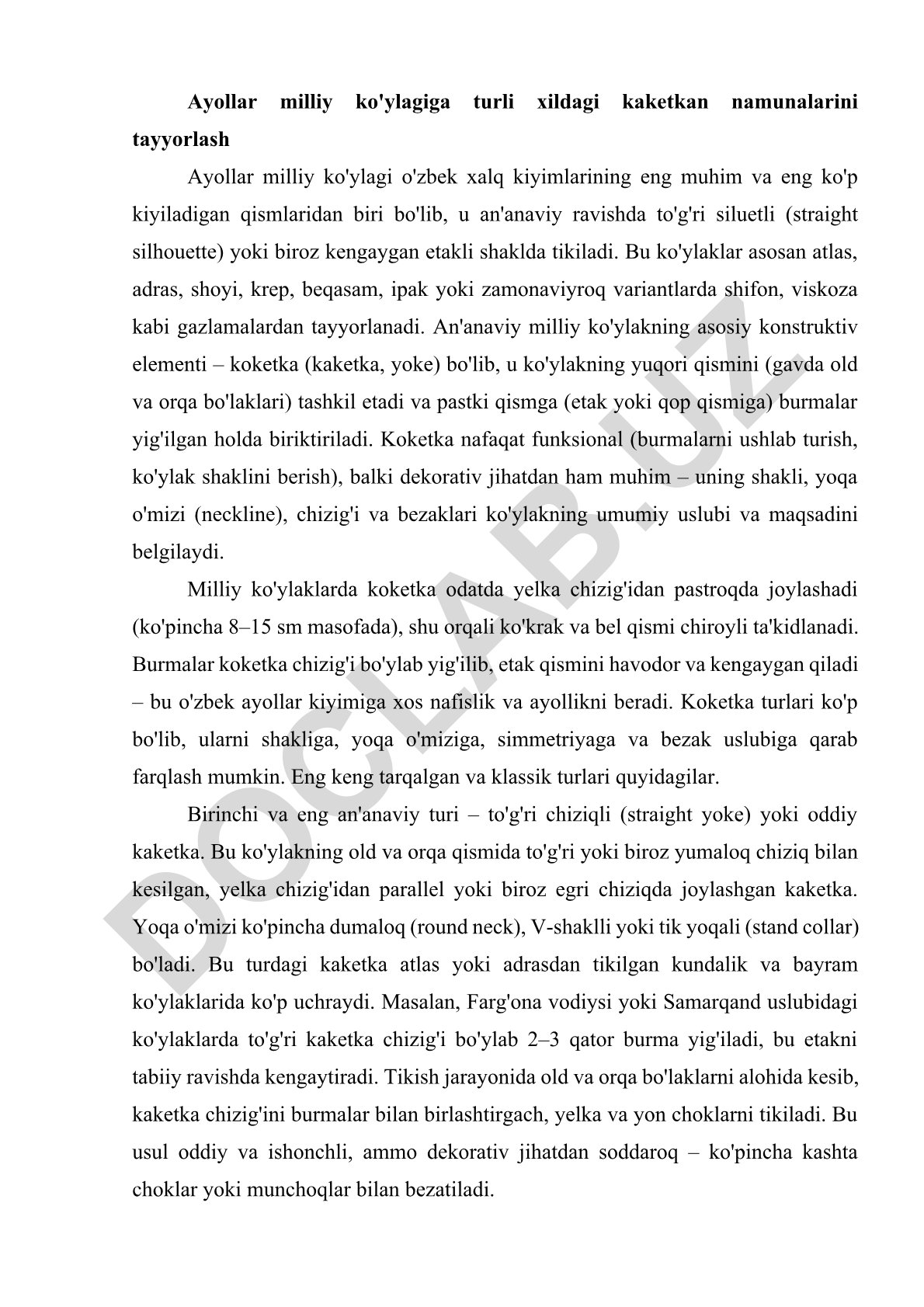 Ayollar milliy ko'ylagiga kaketka namunalari tayyorlash