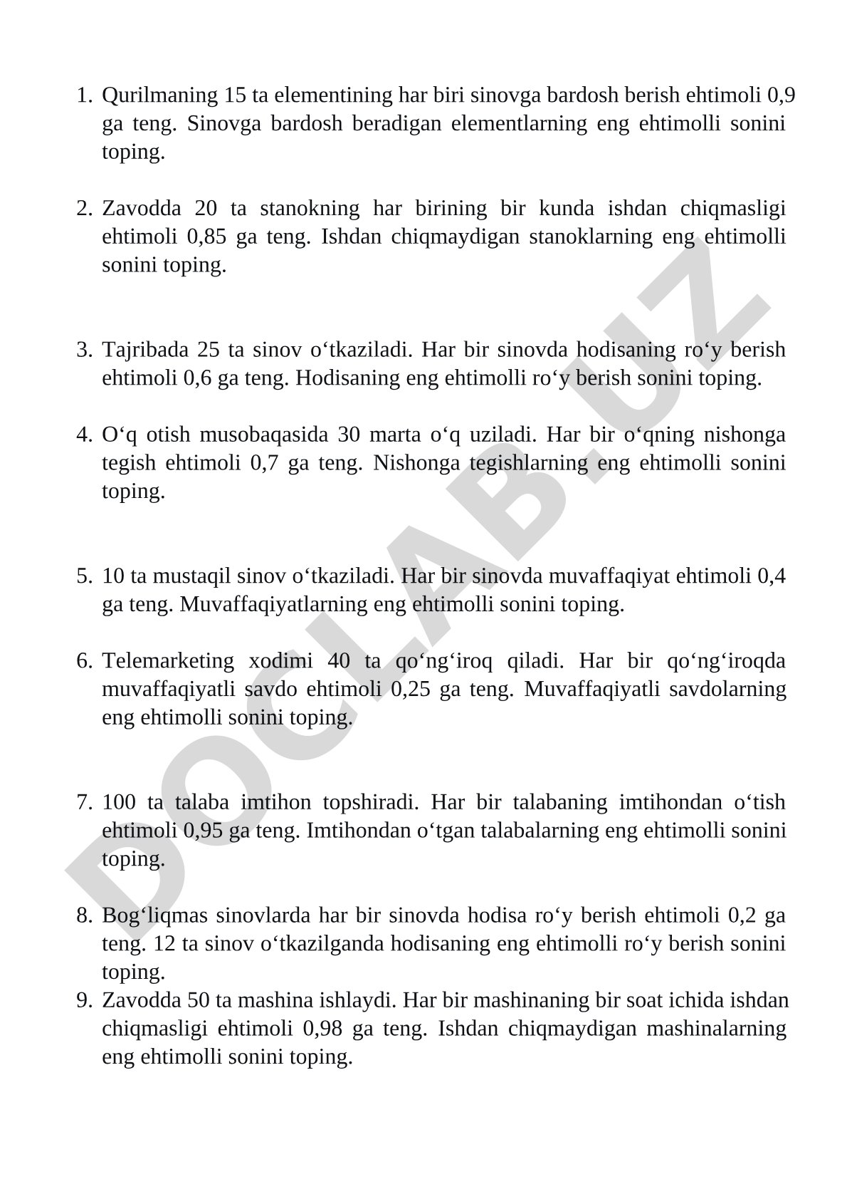 Bernulli sxemasida eng ehtimolli sonni topish masalalari