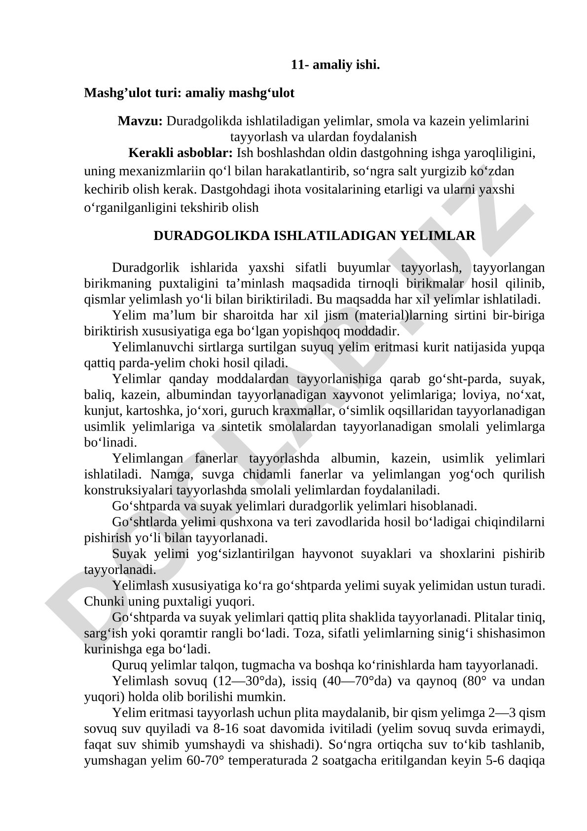 Duradgolikda ishlatiladigan yelimlar, smola va kazein yelimlarini tayyorlash va ulardan foydalanish
