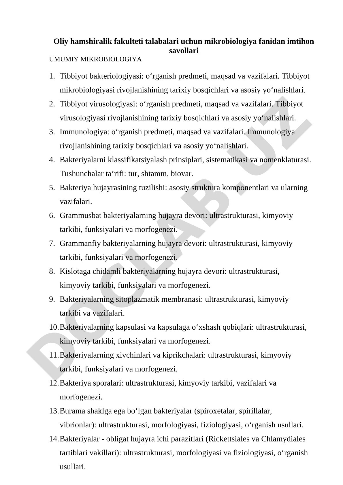 Oliy hamshiralik fakulteti talabalari uchun mikrobiologiya fanidan imtihon savollari