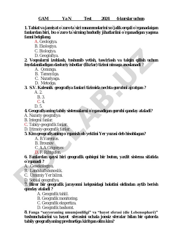 Geografiya faniga oid test savollari